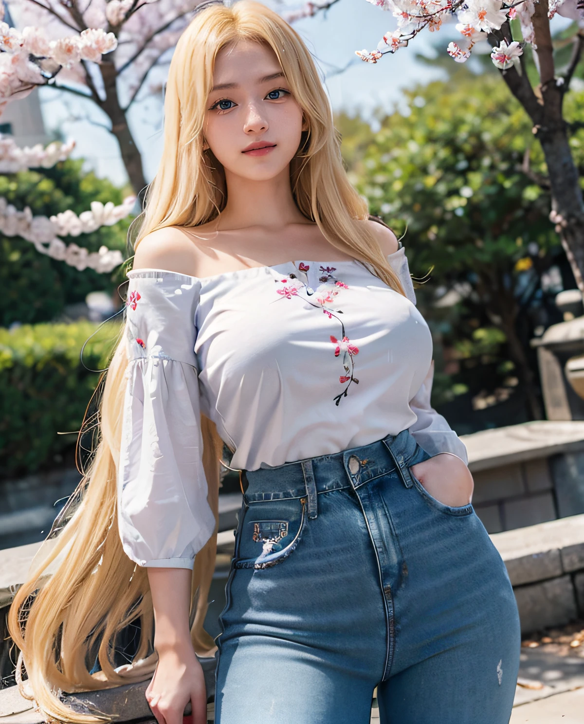 1girl, (Blue Eyes), smiling, (Sana Minatozaki), wide hips, Big Boobs, big ass, (Best Quality, 8k, Masterpiece: 1.3), Clear Focus: 1.2, Perfect Body Beauty: 1.4 , Slender Abs: 1.2, Highly detailed face and skin texture, detailed eyes, double eyelids, (blonde long hair parted on the side :1.4), (blouse with embroidery), (tight jeans), standing, in a Japanese square with sakura trees, deep on field
