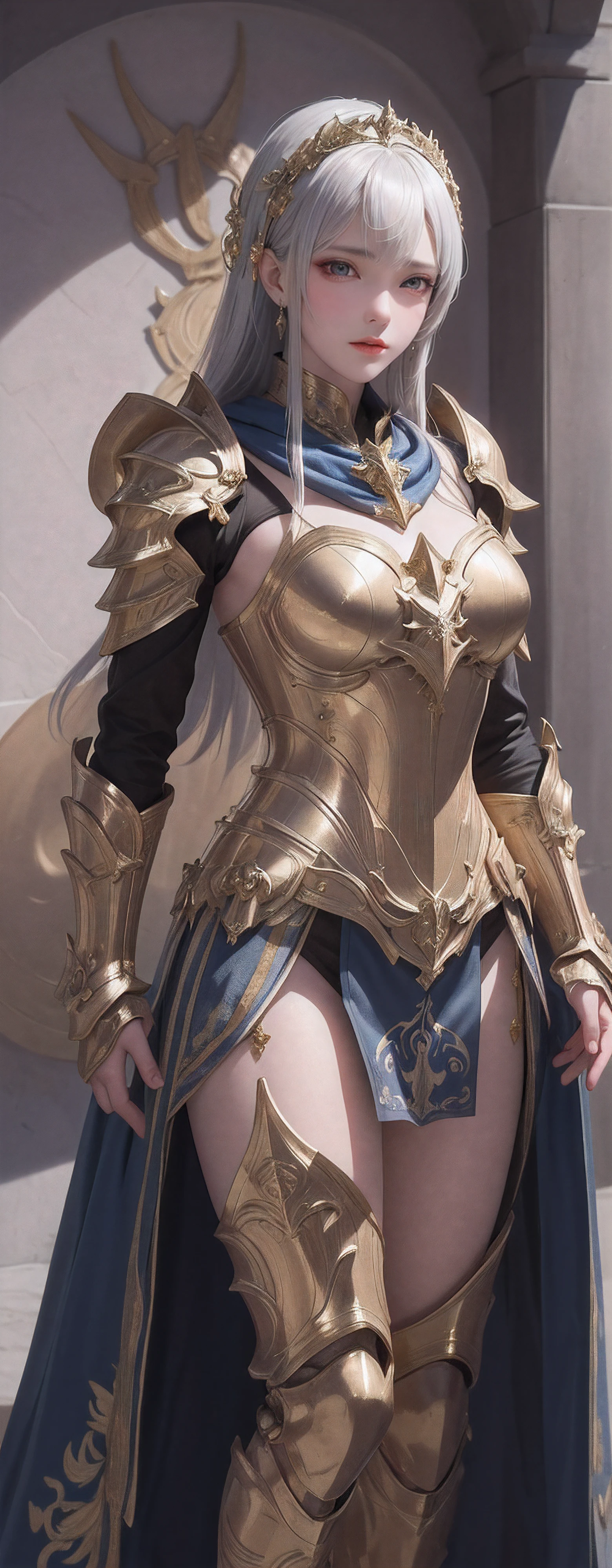 Masterpiece, absurderes, finedetail, hdr,highly detailed armor with gold plating, shinning armor, Photorealistic,PLD_Armor, A female knight in armor, wearing PLD_Armor, Blue scarf