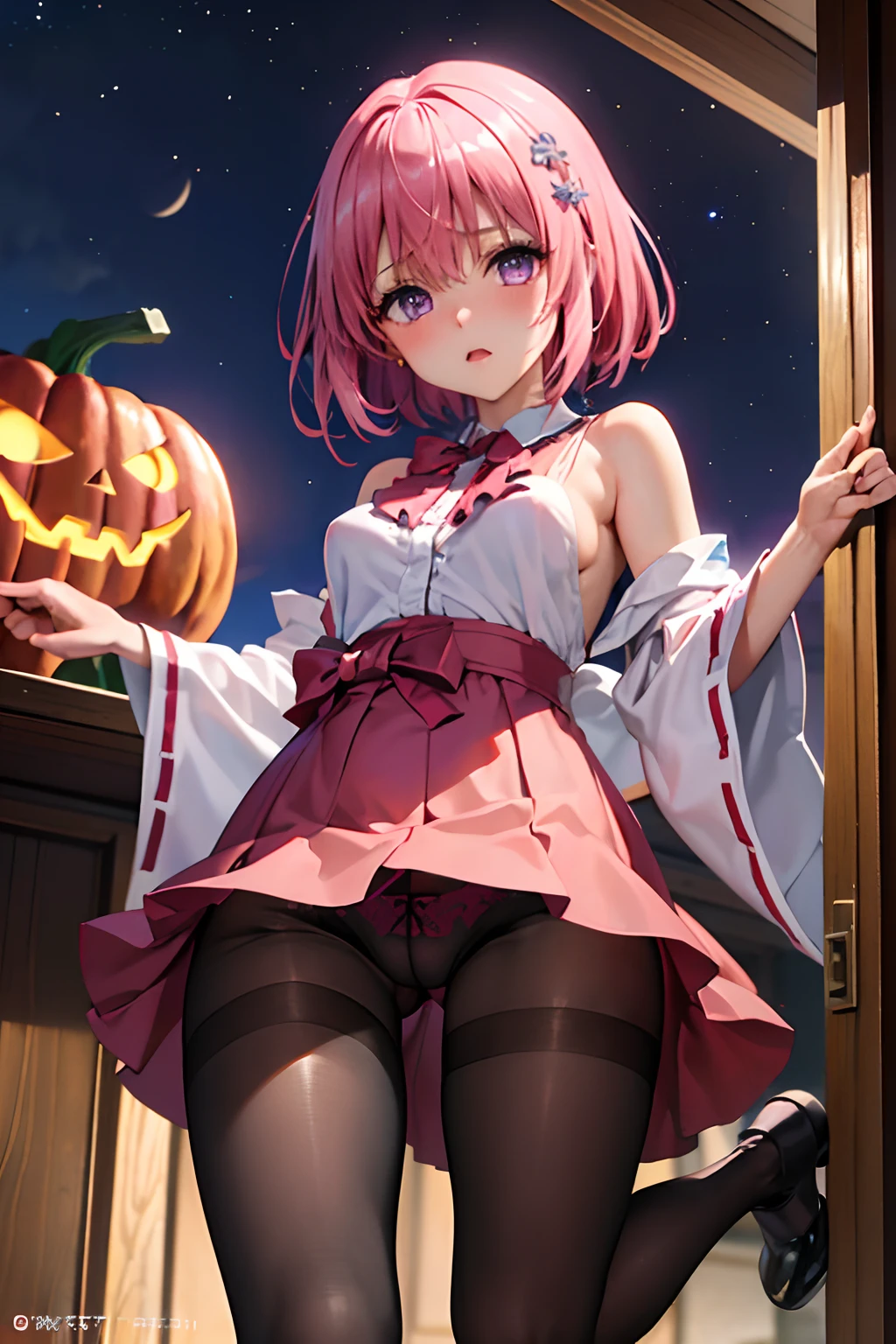 (top-quality:1.1), (masterpiece:1.4), (absurderes:1.0), portlate, a closeup,
1girl in、Momovelia Deviluk、hair adornments、bob cuts、Shorthair pink hair、a purple eye、Medium chest、((shrine maiden clothe))、looking at the viewers、Bedroom、(red blush:1.2)、embarassed expression、(((pantyhose)))、black backgrounds、((a miniskirt))、((Opening legs))、long boots、Pumpkin Lantern、fullmoon、(Red underwear)