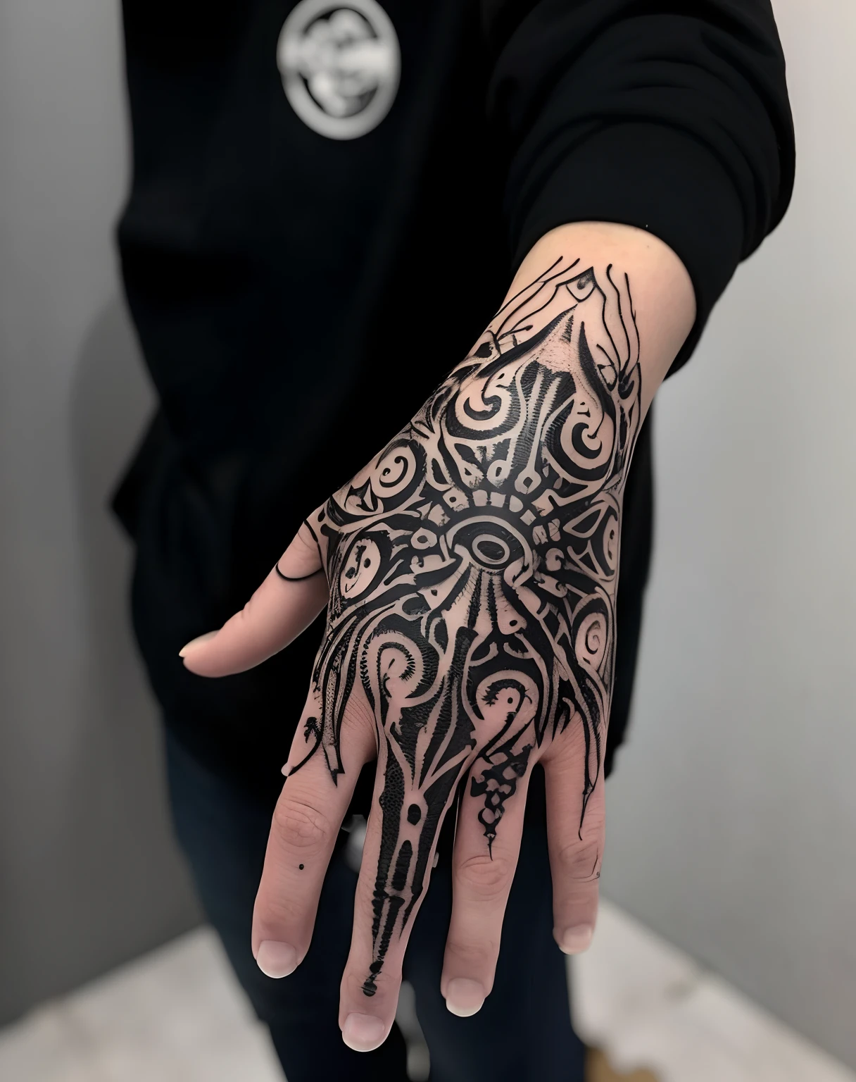 someone has a tattoo on their hand and a black and white photo, symmetrical and detailed, linha forte, linha pesada, huge magic circles in the hand, linha de trabalho detalhada, tatuagem blackwork altamente detalhada, symmetrical and intricate, Tinta intrincada, linha de trabalho intrincada, detailed symmetrical, linha escura, linha expressiva, Fim da linha, octopus in the middle of the hand, linhas escuras, polvo com olho no meio, polvo sobressalente nas linhas escuras, black tentacles around the tatto finger, polvo com olho