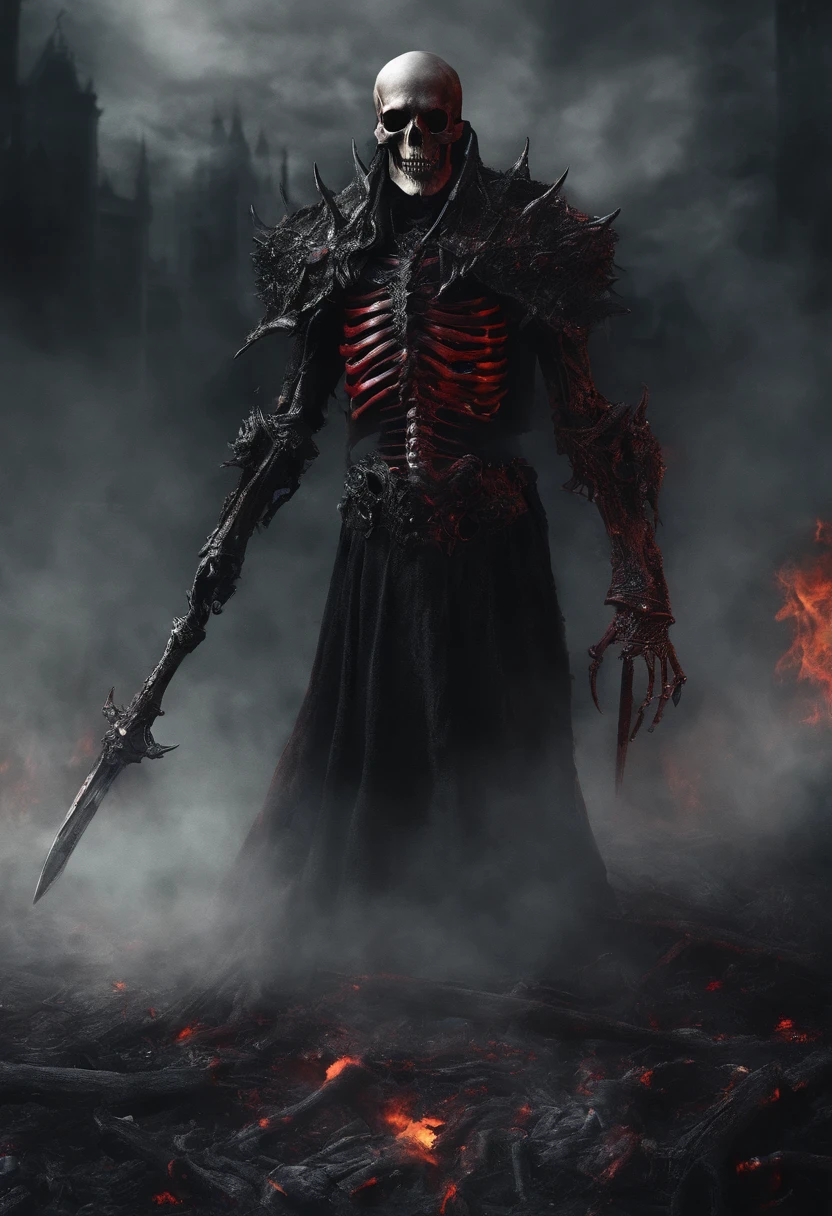 devil horns，Claws，battleaxe，Spooky environment，dentes pontiagudos，Berserker，full bodyesbian，Powerful aura，A strong sense of oppression，incredibly detailed，Red-eyed skeleton，The flames of hell are raging，Skeleton Legion，Ultra photo realsisim