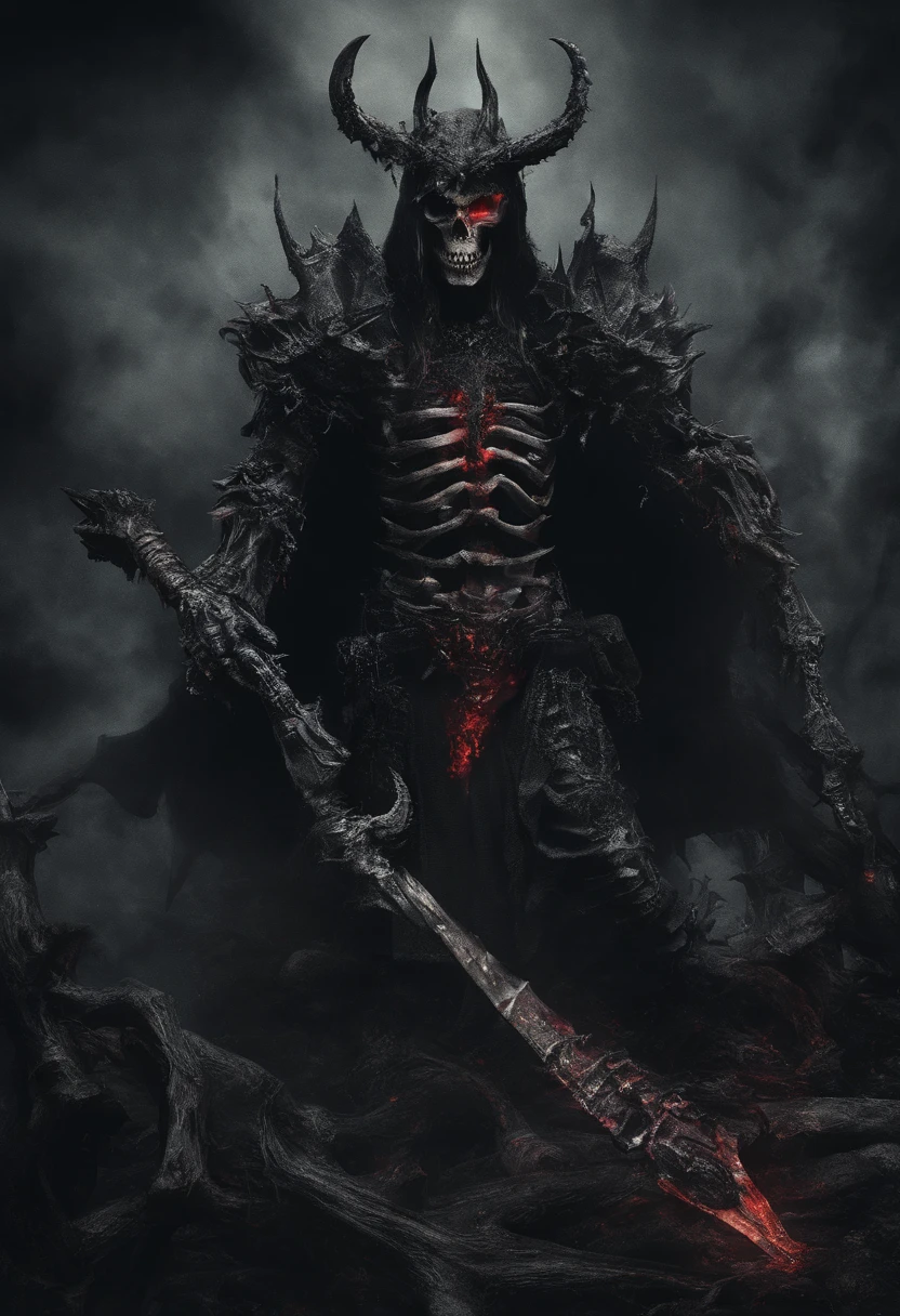 devil horns,Claws,battleaxe,Spooky environment,dentes pontiagudos,Berserker,full bodyesbian,Powerful aura,A strong sense of oppression,incredibly detailed,Red-eyed skeleton,The flames of hell are raging,Skeleton Legion,Ultra photo realsisim