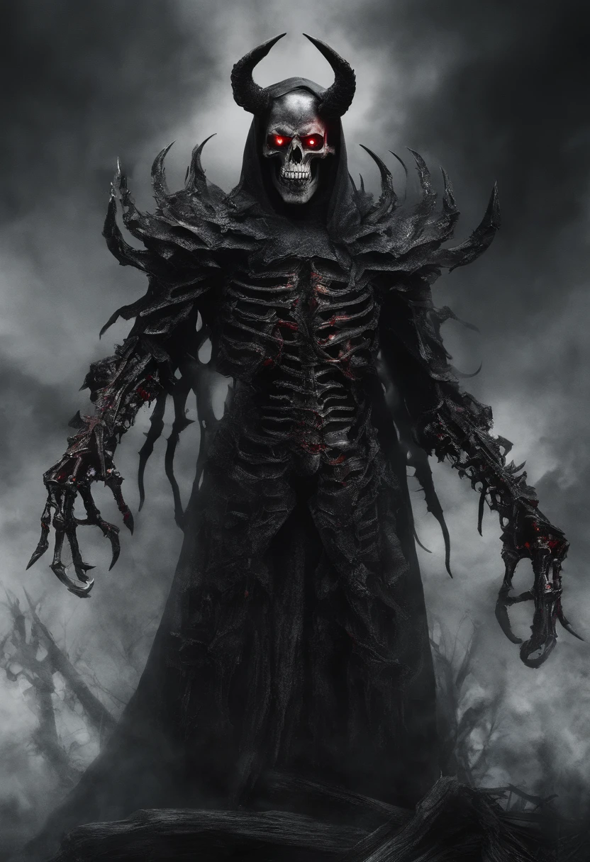 devil horns,Claws,battleaxe,Spooky environment,dentes pontiagudos,Berserker,full bodyesbian,Powerful aura,A strong sense of oppression,incredibly detailed,Red-eyed skeleton,The flames of hell are raging,Skeleton Legion,Ultra photo realsisim