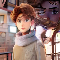 A young man of , with brown disheveled hair, cute face, boxy face, and brown eyes, wearing white turtleneck.