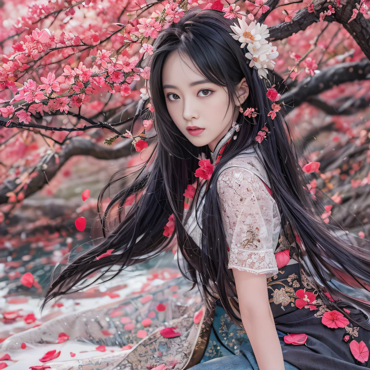 32K(tmasterpiece,k hd,hyper HD,32K)Long flowing black hair,ponds,zydink, a color, Tongzhou people (Spirit Girl), (Red silk scarf), Combat posture, looking at the ground, long whitr hair, Floating hair, Carp pattern headdress, Chinese long-sleeved clothing, (Abstract ink splash:1.2), Pink petal background,Pink and white lotus flowers fly(realisticlying:1.4),Black color hair,Fallen leaves flutter,The background is pure, A high resolution, the detail, RAW photogr, Sharp Re, Nikon D850 Film Stock Photo by Jefferies Lee 4 Kodak Portra 400 Camera F1.6 shots, Rich colors, ultra-realistic vivid textures, Dramatic lighting, Unreal Engine Art Station Trend, cinestir 800,Long flowing black hair,Denim skirt