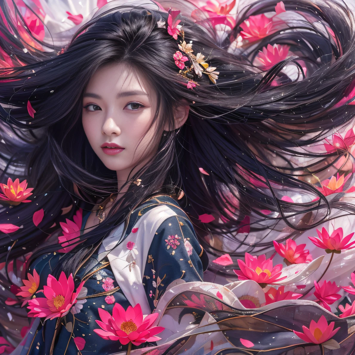 32K（tmasterpiece，k hd，hyper HD，32K）Long flowing black hair，ponds，zydink， a color， Tongzhou people （Spirit Girl）， （Red silk scarf）， Combat posture， looking at the ground， long whitr hair， Floating hair， Carp pattern headdress， Chinese long-sleeved clothing， （Abstract ink splash：1.2）， Pink petal background，Pink and white lotus flowers fly（realisticlying：1.4），Black color hair，Fallen leaves flutter，The background is pure， A high resolution， the detail， RAW photogr， Sharp Re， Nikon D850 Film Stock Photo by Jefferies Lee 4 Kodak Portra 400 Camera F1.6 shots, Rich colors, ultra-realistic vivid textures, Dramatic lighting, Unreal Engine Art Station Trend, cinestir 800，Long flowing black hair，Denim skirt