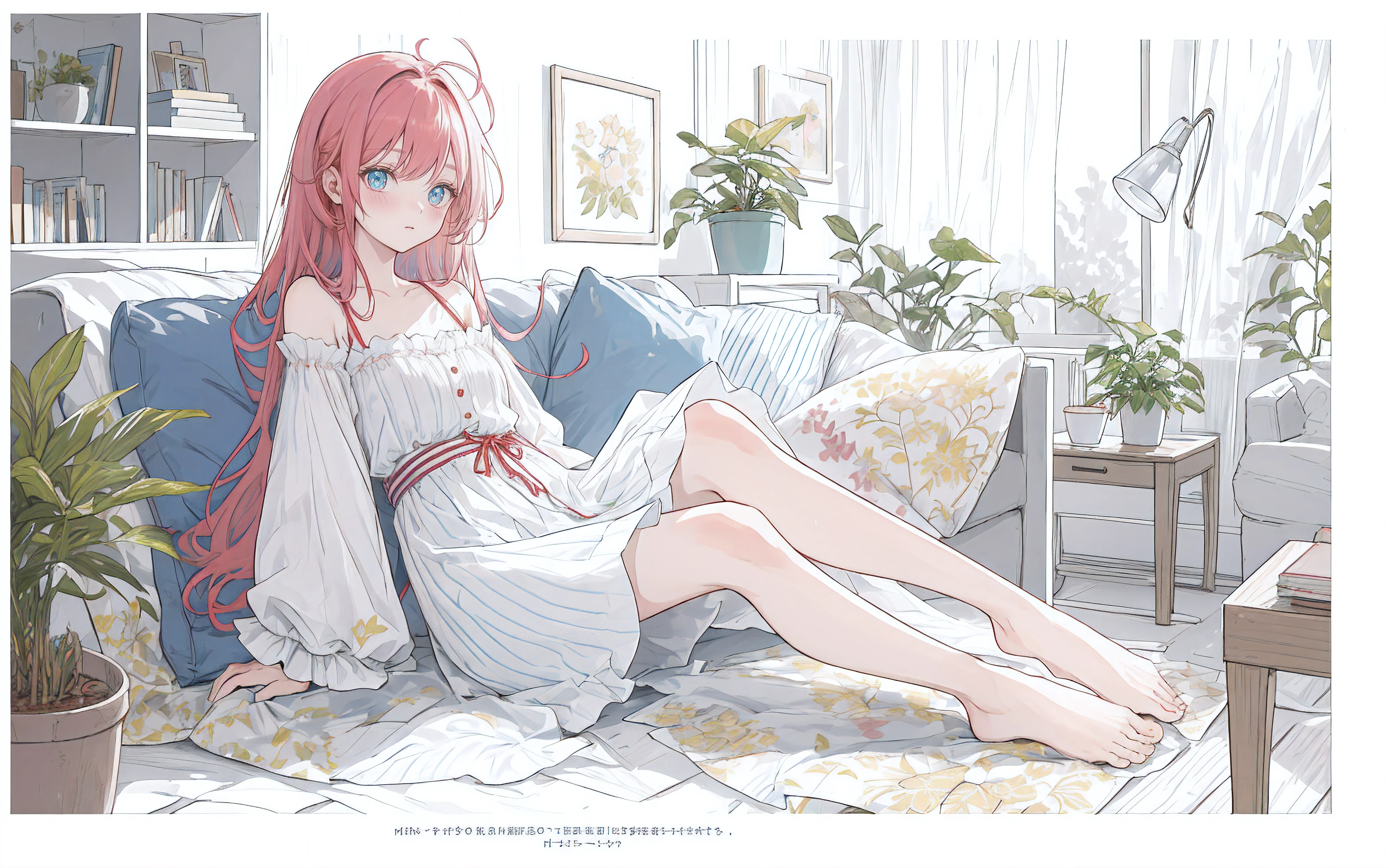 [(white background:1.5)::5],(Isometric:1.3),(masterpiece,best quality:1.2),(highres:1.1),(Highest picture quality),(master's work),facing viewer,dynamic angle,sky,cloud,
living room, couch, window, curtains, dappled sunlight, potted plant, table, cabinet,bookshelf, paper, desk lamp, typewriter, garden,
(1loli,solo focus:1.2),cute,ornament,(jewelry:0.75),(blush:0.9),(strap:0.9),barefoot,
ahoge,(disheveled hair,long hair,ruby hair,blue colored inner hair,shiny hair,shiny skin:1.1),