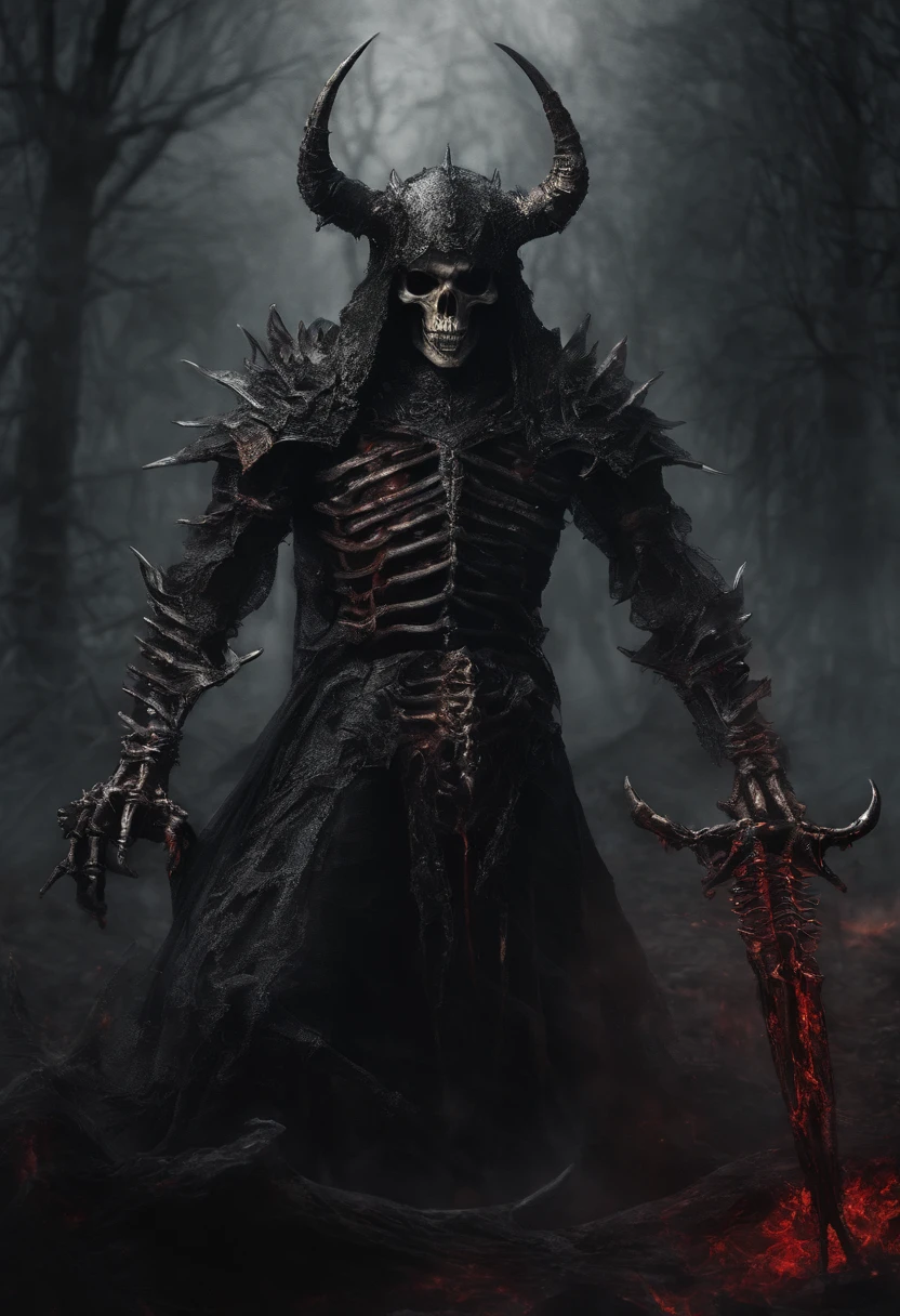 devil horns，Claws，battleaxe，Spooky environment，dentes pontiagudos，Berserker，full bodyesbian，Powerful aura，A strong sense of oppression，incredibly detailed，Red-eyed skeleton，The flames of hell are raging，Skeleton Legion，Ultra photo realsisim