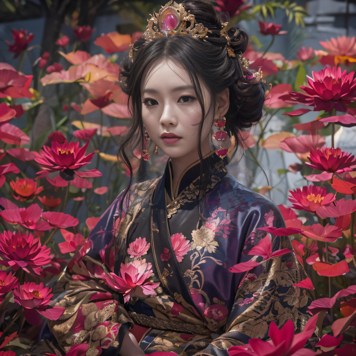 32K(tmasterpiece,k hd,hyper HD,32K)Large curls,Flowing rouge,ponds,zydink, a color, Asian people (Silly girl), (Silk scarf), Combat posture, looking at the ground, Large rolls of rouge, Flowing rouge curls,Onyx emerald headdress, Chinese long-sleeved black gold garment, (abstract ink splash:1.2), Pink lotus background,Water lily flower protector(realisticlying:1.4),Rouge hair,Autumn is in full swing,The background is pure, A high resolution, the detail, RAW photogr, Sharp Re, Nikon D850 Film Stock Photo by Jefferies Lee 4 Kodak Portra 400 Camera F1.6 shots, Rich colors, ultra-realistic vivid textures, Dramatic lighting, Unreal Engine Art Station Trend, cinestir 800,Large curls,Flowing rouge