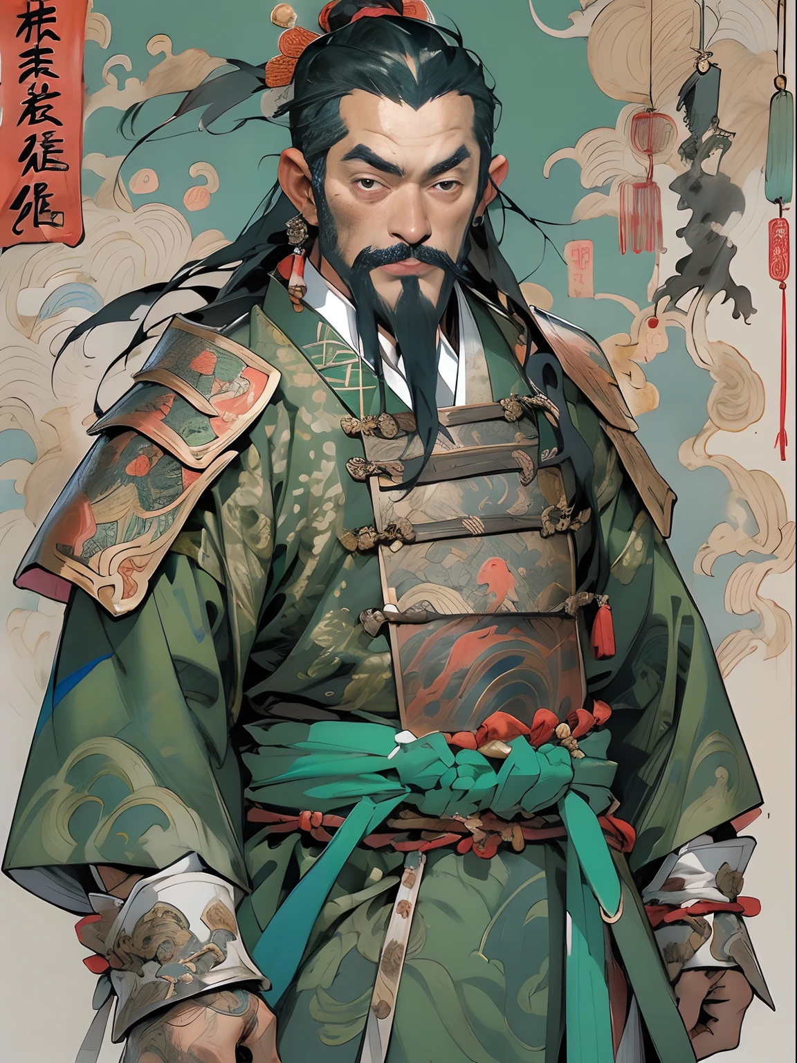 (((China-style,Ink painting method,Half-length portrait,Intense color,Han dynasty, China,Hanfu,Armor,Guan yu,Guan Yunchang,of a guy,Ruddy square face,Hold the Blue Dragon Moon Knife in his right hand,Stroke your beard with your left hand,Long hair,petty eyes,Green robe))), (((best qualityer))), (((tmasterpiece))), (((AS-Adult))), ((( Japanese ))), Look up from your knees, Handsome Asian samurai,perfect body figure, Modern samurai, ((( Asian))), Wear gloves on your hands,The left arm is made of steel and metal tips,Made of protective devices, The eyes are pulled, (( Appears below the chest )), (( Small dental floss )), Simon Bisley, Almost naked(Simon Bisley)Castle City Wilderness,For high-resolution posters, hair straight, Minimum clothing, armure (Crazy clothes ), Full of tips and rivets, tribal tattoos, (((full bodyesbian))), Straight brunette hair,Colored hair ends