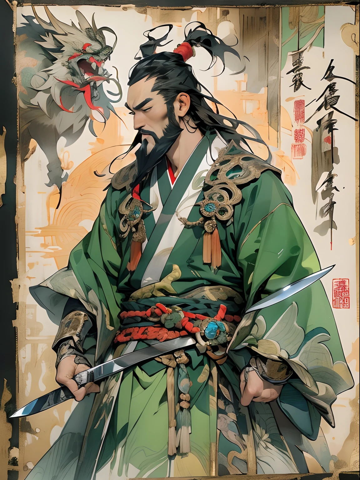 (((China-style,Ink painting method,Half-length portrait,Intense color,Han dynasty, China,Hanfu,Armor,Guan yu,Guan Yunchang,of a guy,Ruddy square face,Hold the Blue Dragon Moon Knife in his right hand,Stroke your beard with your left hand,Long hair,petty eyes,Green robe))), (((best qualityer))), (((tmasterpiece))), (((AS-Adult))), ((( Japanese ))), Look up from your knees, Handsome Asian samurai,perfect body figure, Modern samurai, ((( Asian))), Wear gloves on your hands,The left arm is made of steel and metal tips,Made of protective devices, The eyes are pulled, (( Appears below the chest )), (( Small dental floss )), Simon Bisley, Almost naked(Simon Bisley)Castle City Wilderness,For high-resolution posters, hair straight, Minimum clothing, armure (Crazy clothes ), Full of tips and rivets, tribal tattoos, (((full bodyesbian))), Straight brunette hair,Colored hair ends