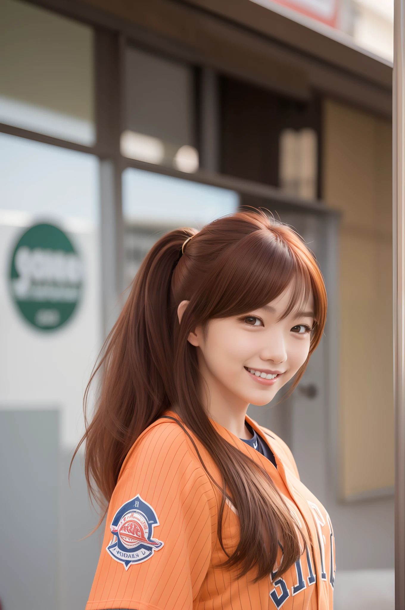 orange color hair、Long hair、Side tail、Baseball Uniforms、bustshot、A smile
