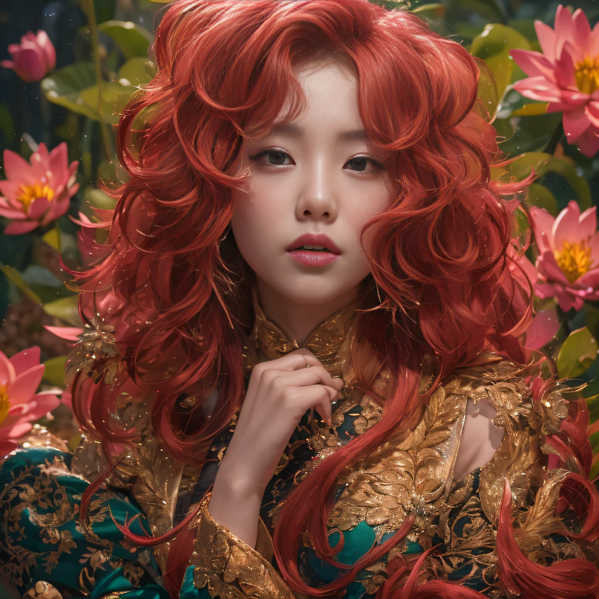 32K（tmasterpiece，k hd，hyper HD，32K）Large curls，Flowing rouge，ponds，zydink， a color，  Asian people （Silly girl）， （Silk scarf）， Combat posture， looking at the ground， Large rolls of rouge， Flowing rouge curls，Onyx emerald tiara， Chinese long-sleeved black gold garment， （abstract ink splash：1.2）， Pink lotus background，Water lily flower protector（realisticlying：1.4），Rouge hair，Autumn is in full swing，The background is pure， A high resolution， the detail， RAW photogr， Sharp Re， Nikon D850 Film Stock Photo by Jefferies Lee 4 Kodak Portra 400 Camera F1.6 shots, Rich colors, ultra-realistic vivid textures, Dramatic lighting, Unreal Engine Art Station Trend, cinestir 800，Large curls，Flowing rouge