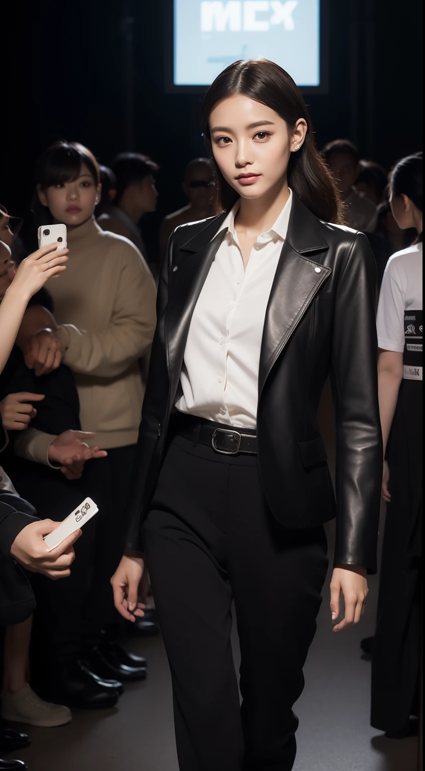 (8K分辨率,Full-body photos),(1womanl,age 22,((rosto magro,Flushed face,delicated face,详细的脸),Slightly squinted eyes,Seductive smile,(Single ponytail,Long hair micro-curls)),Fair smooth skin,(Best Skin Type:1.21),busty figure,((Bespoke slim suit,White shirt,No underwear,denim pant,leather boots(High-grade materials,knitting,real silk,leathers),Thin leather belt,Metal necklace,jewely),Tall and tall,(dancing posture,Naturally placed hands),delicate artwork,perfect hand,Ultra-fine clothing material),(Urban street background,Shuttling crowds,Exquisite setup details),(Professional lighting,Artistic lighting),((Dress neutrally,Material contrast,Contrast in fit,Color contrast,Uniform tones,))),(Golden section,Cinema lenses,Hasselblad photograp,tmasterpiece:1.3),(advanced art,High-end street wear,Official propaganda,Art platform)