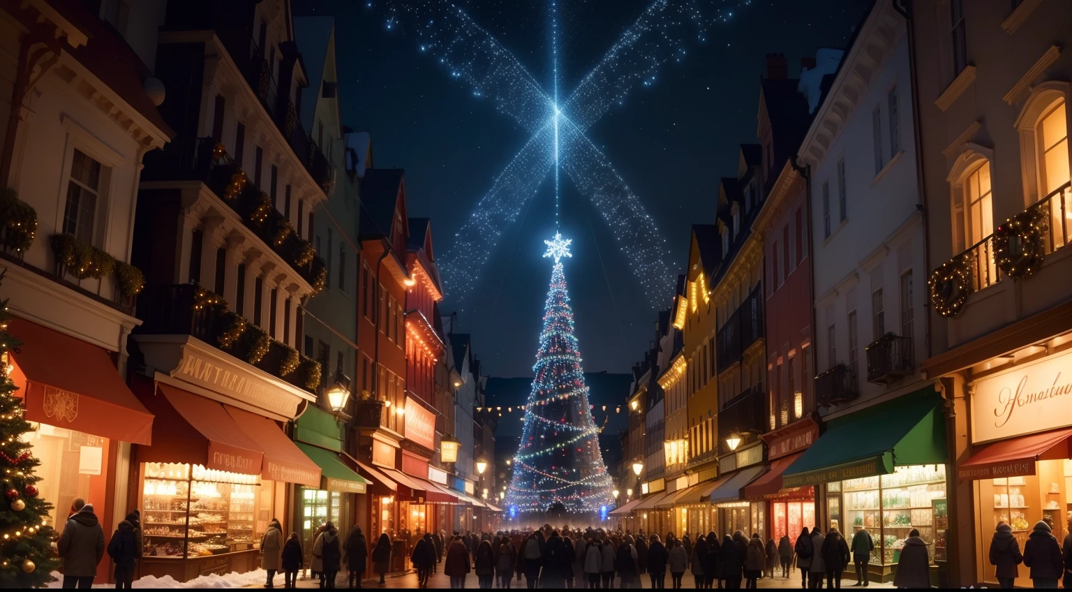 Visualize a photograph showcasing the enchanting beauty of winter illumination:
The scene is set in the heart of a city during the winter season, where the streets and buildings are adorned with a mesmerizing display of holiday lights. As night falls, the entire area comes alive with a kaleidoscope of colors.
Strings of twinkling fairy lights are meticulously wrapped around trees, lamp posts, and street signs, creating a breathtaking canopy of illumination. The lights vary in hue, ranging from soft whites and blues to vibrant reds and greens, casting a warm and inviting ambiance.
Along a bustling shopping street, shops and boutiques are adorned with elaborate light displays. Storefront windows are decorated with holiday scenes, and the facades are outlined in shimmering lights that trace architectural details.
In the town square, a towering Christmas tree stands as the centerpiece of the festivities. It's resplendent with countless lights, ornaments, and a brilliant star atop its highest bough. The tree's glow is reflected on the faces of delighted onlookers.
Families and friends gather to stroll along the illuminated streets, their faces aglow with wonder and joy. Children's laughter fills the air as they marvel at the dazzling spectacle, and couples pause to share a tender moment beneath the romantic glow.
The cold winter air is filled with a sense of celebration, and the sound of festive music drifts from the nearby speakers. Street vendors offer warm treats like roasted chestnuts and hot cocoa, adding to the sensory delights of the evening.
This image encapsulates the magical atmosphere of winter illumination, where the world is transformed into a luminous wonderland, bringing communities together to celebrate the joy and beauty of the holiday season.