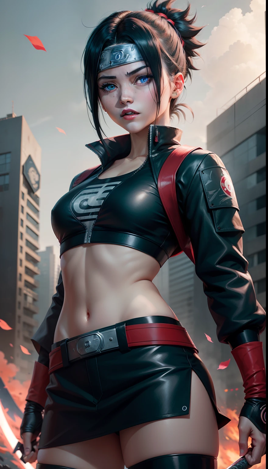 a girl with detailed blue eyes,detailed red lips,black short hair,black headband,white long sleeves,Kakashi Hatake, Naruto Uzumaki,Sakura Haruno, Sasuke Uchiha,windy background,shinobi theme,ninja action,dramatic poses,anime style,highly detailed illustrations,clean and vibrant colors,A-4 size illustrations,theatrical lighting,high-quality rendering.