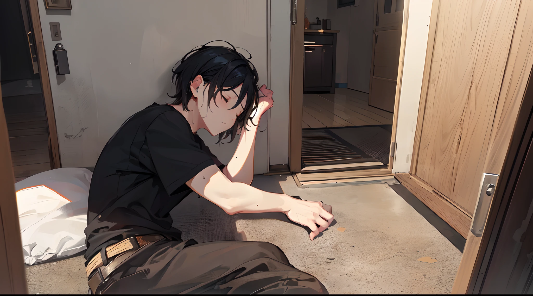 (Like a illustration), ((masterpiece)), ((best quality)), (ultra detailed:1.2), highly detailed, (horror:1.2), full body, (from above), (1guy:1.5), (solo), (black short hair guy), black t-shirt, (Sleeping on the floor), (closed eyes:1.2), (sweat), (Door in front of the room:1.2), (Silent Hill),