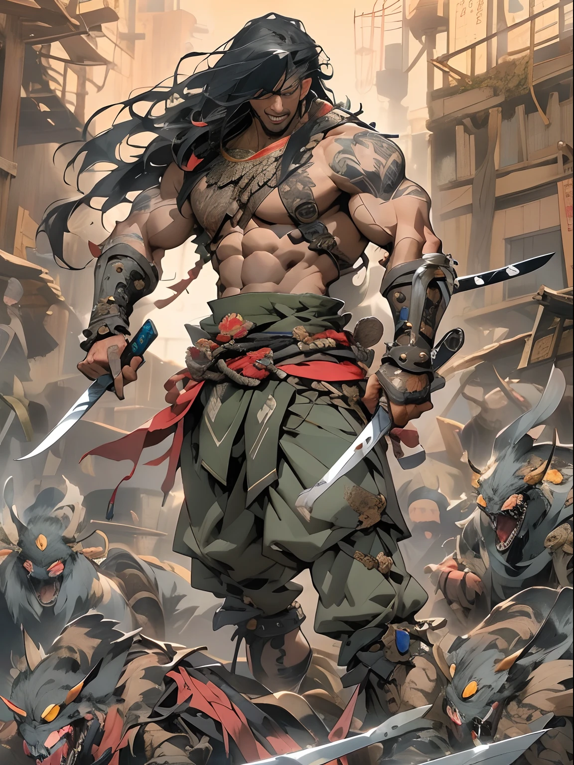 (((mtu))), (((best qualityer))), (((tmasterpiece))), (((AS-Adult))), ((( Japanese ))), Look up from your knees, Handsome Asian samurai,perfect body figure, Modern samurai, ((( Asian))), Wear gloves on your hands,The left arm is made of steel and metal tips,Made of protective devices, The eyes are pulled, (( Appears below the chest )), (( Small dental floss )), Simon Bisley, Almost naked(Simon Bisley)Castle City Wilderness,For high-resolution posters, hair straight, Minimum clothing, armure (Crazy clothes ), Full of tips and rivets, tribal tattoos, (((full bodyesbian))), Straight brunette hair,Colored hair ends