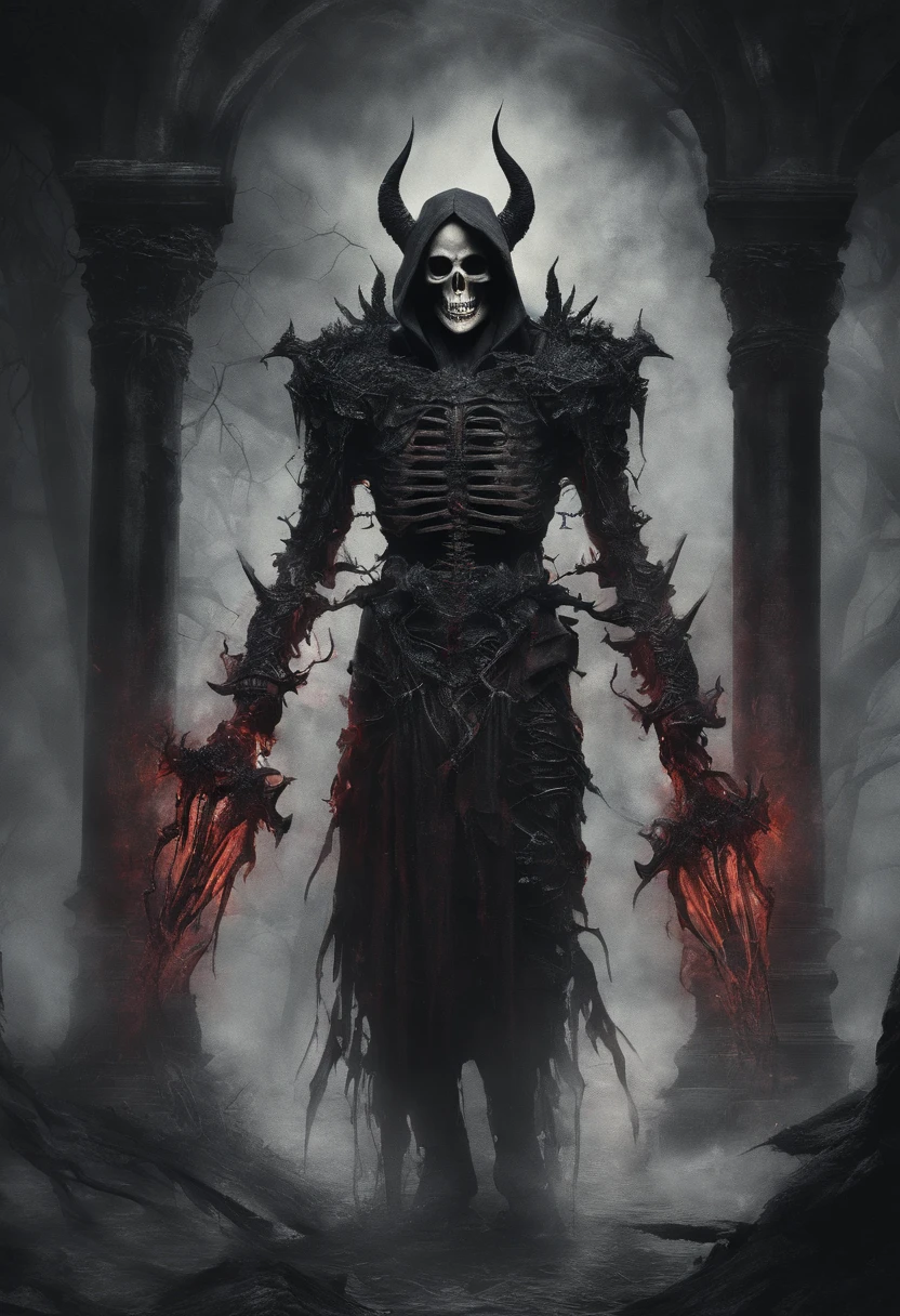 devil horns，Claws，battleaxe，Spooky environment，dentes pontiagudos，Berserker，full bodyesbian，Powerful aura，A strong sense of oppression，incredibly detailed，Red-eyed skeleton，The flames of hell are raging，Skeleton Legion，Ultra photo realsisim