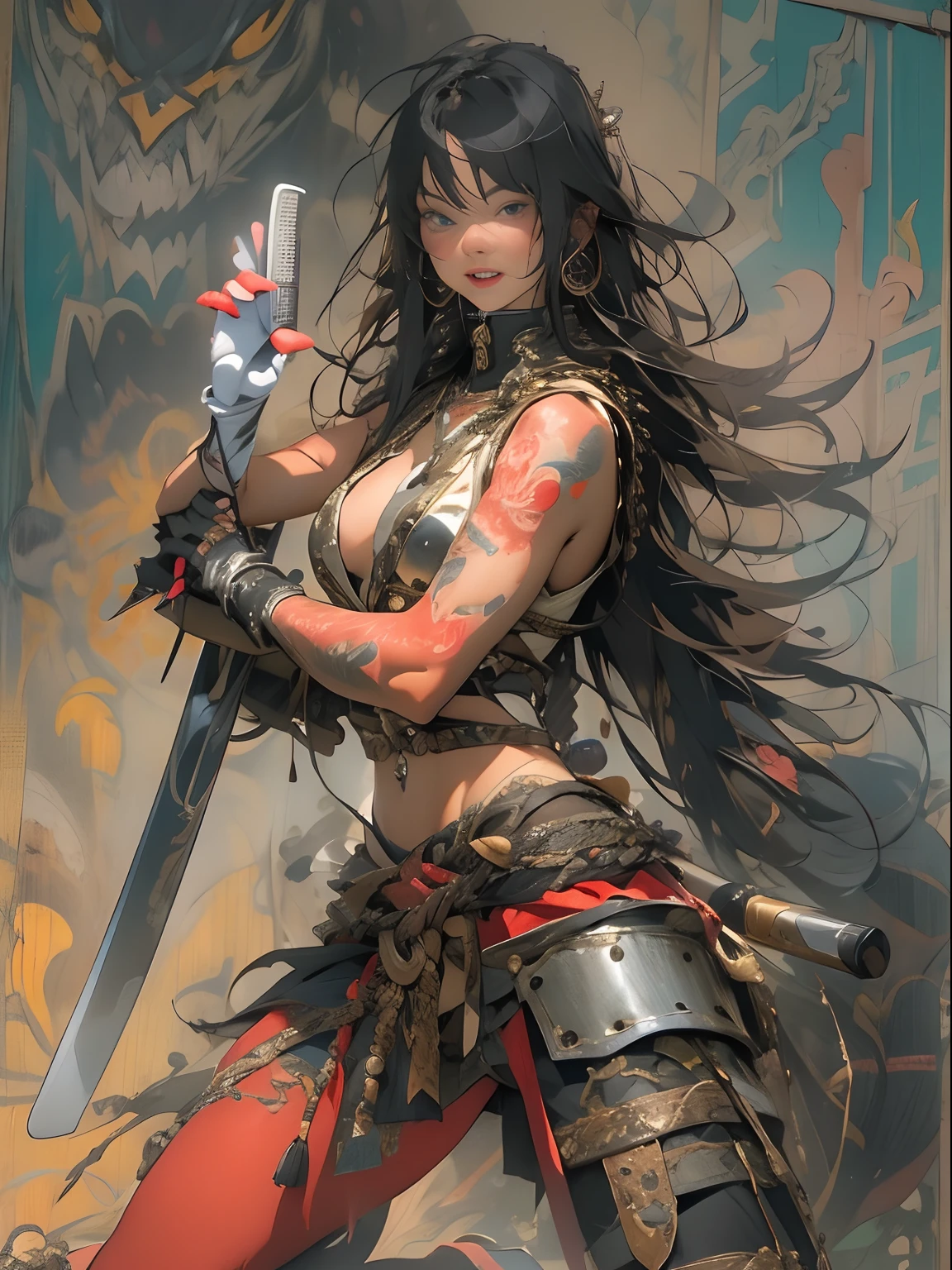 (((woman))), (((best qualityer))), (((tmasterpiece))), (((AS-Adult))), ((( Japanese ))), Look up from your knees, A beautiful asian samurai woman with perfect body, Modern samurai, ((( Asian))), Wear gloves on your hands,The left arm is made of steel and metal tips,Made of protective devices, The eyes are pulled, (( Appears below the breast )), (( Small dental floss )), Simon Bisley, Almost naked(Simon Bisley)Castle City Wilderness,For high-resolution posters, hair straight, Minimum clothing, armure (Crazy clothes ), Full of tips and rivets, tribal tattoos, (((full bodyesbian))), Straight brunette hair,Colored hair ends