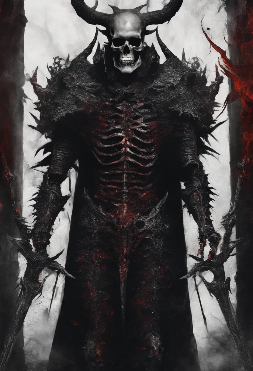 devil horns,Claws,battleaxe,Spooky environment,dentes pontiagudos,Berserker,full bodyesbian,Powerful aura,A strong sense of oppression,incredibly detailed,Red-eyed skeleton,The flames of hell are raging,Skeleton Legion,Ultra photo realsisim