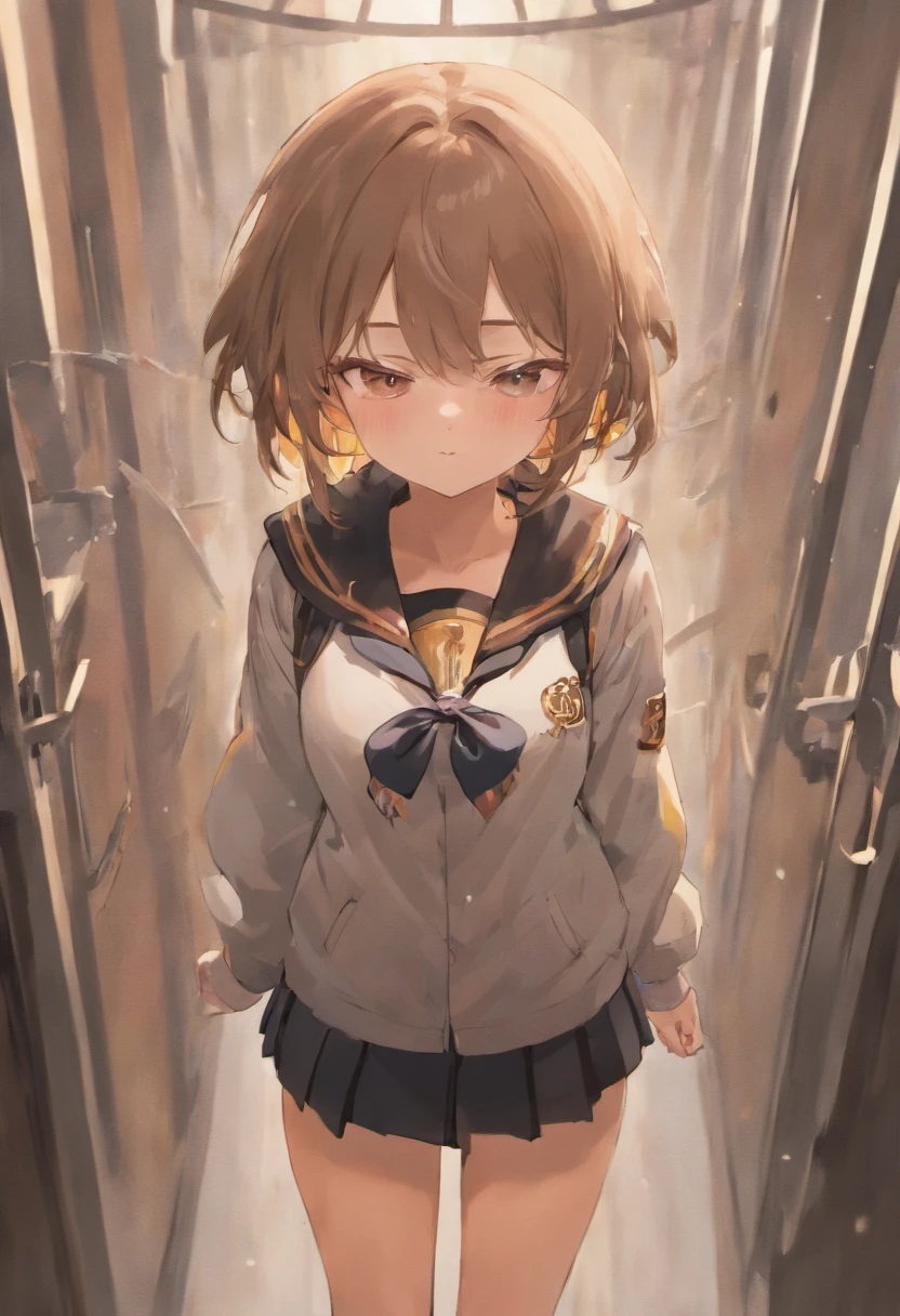 1girl, brown messy hair with white hairclip, school uniform, medium breast, thick thighs, closing her eyes