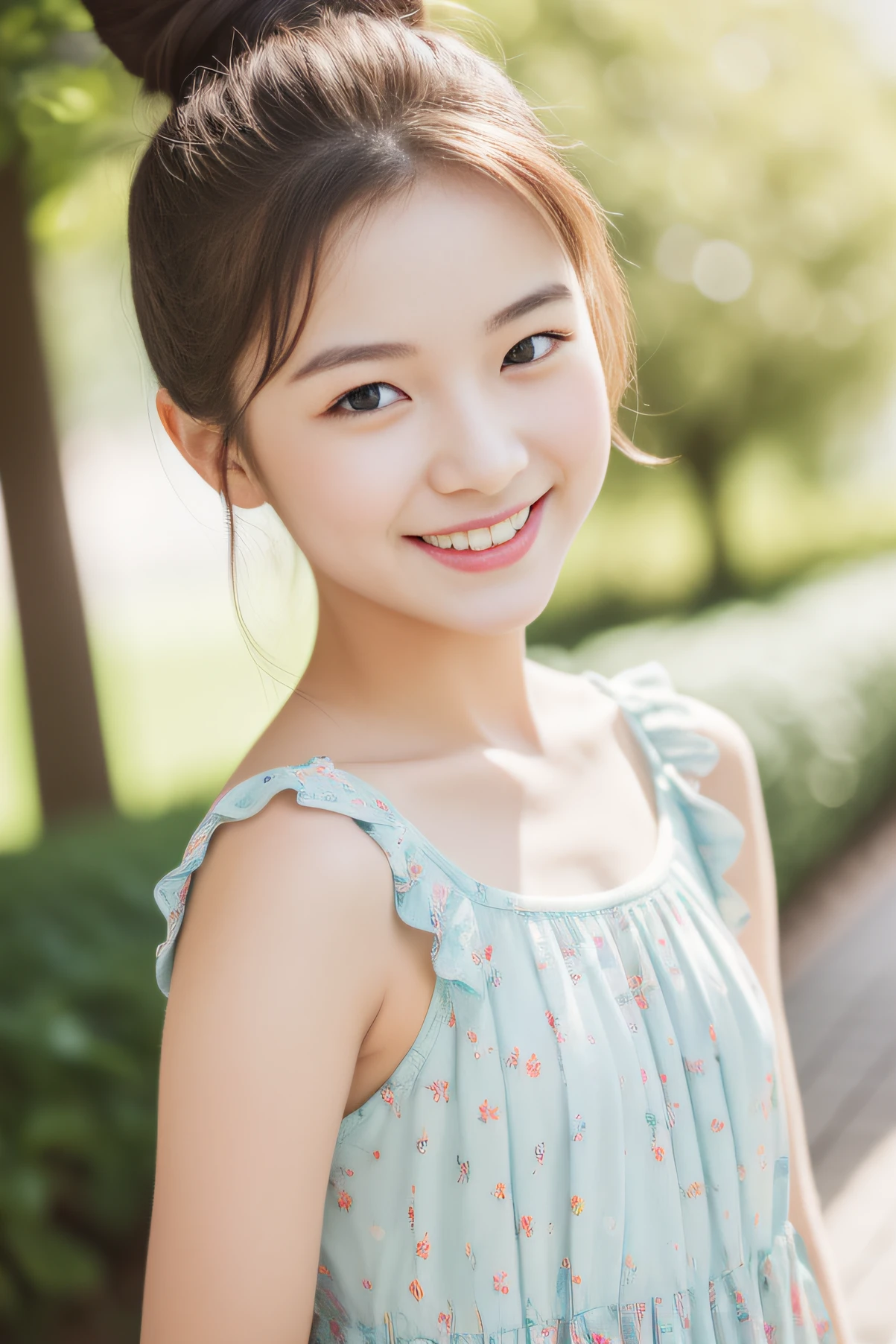 Teen Girls、hair bun、Pretended dress、A smile、cute little、((top-quality、8K、​masterpiece：1.3))、foco nítido：1.2、An ultra-high picture quality、top-quality、​masterpiece、natural soft light、The upper part of the body