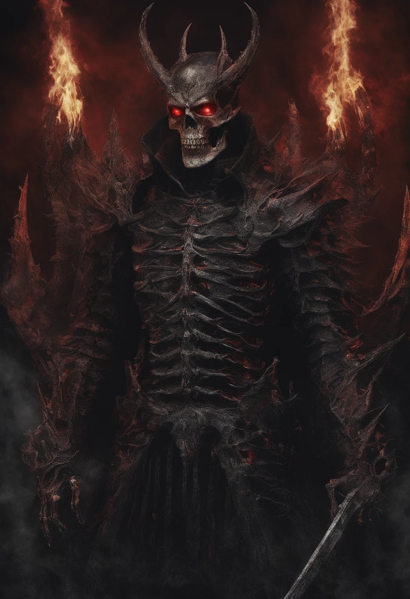 devil horns,Claws,battleaxe,Spooky environment,dentes pontiagudos,Berserker,full bodyesbian,Powerful aura,A strong sense of oppression,incredibly detailed,Red-eyed skeleton,The flames of hell are raging,Skeleton Legion,Ultra photo realsisim