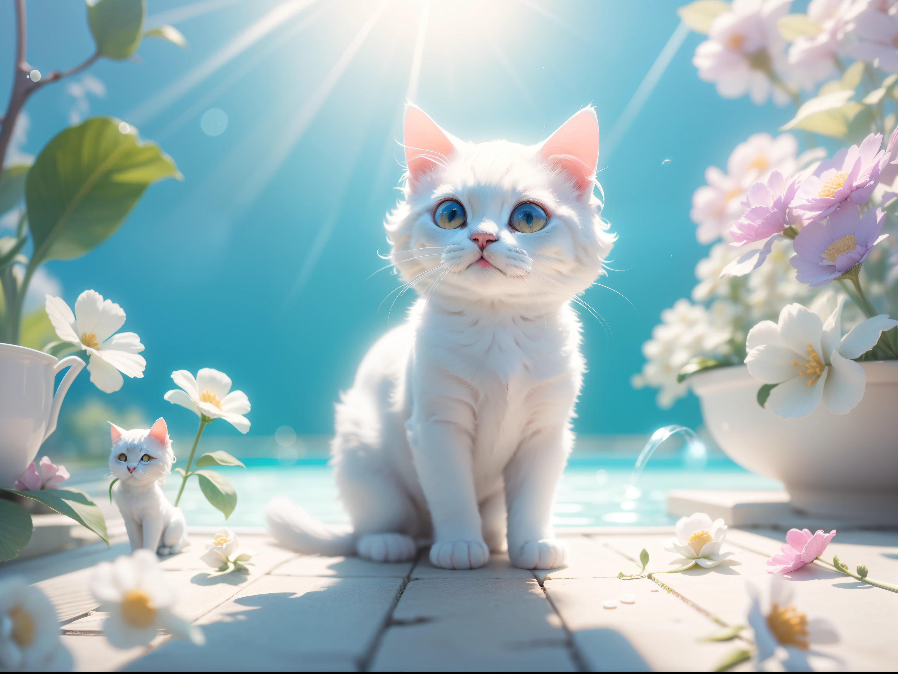 Little white cat with big eyes,At the edge of the pool sugar, There are small flowers next to it, steins, Blue sky. and the sun was shining brightly, the detail， 4K， k hd， high high quality.