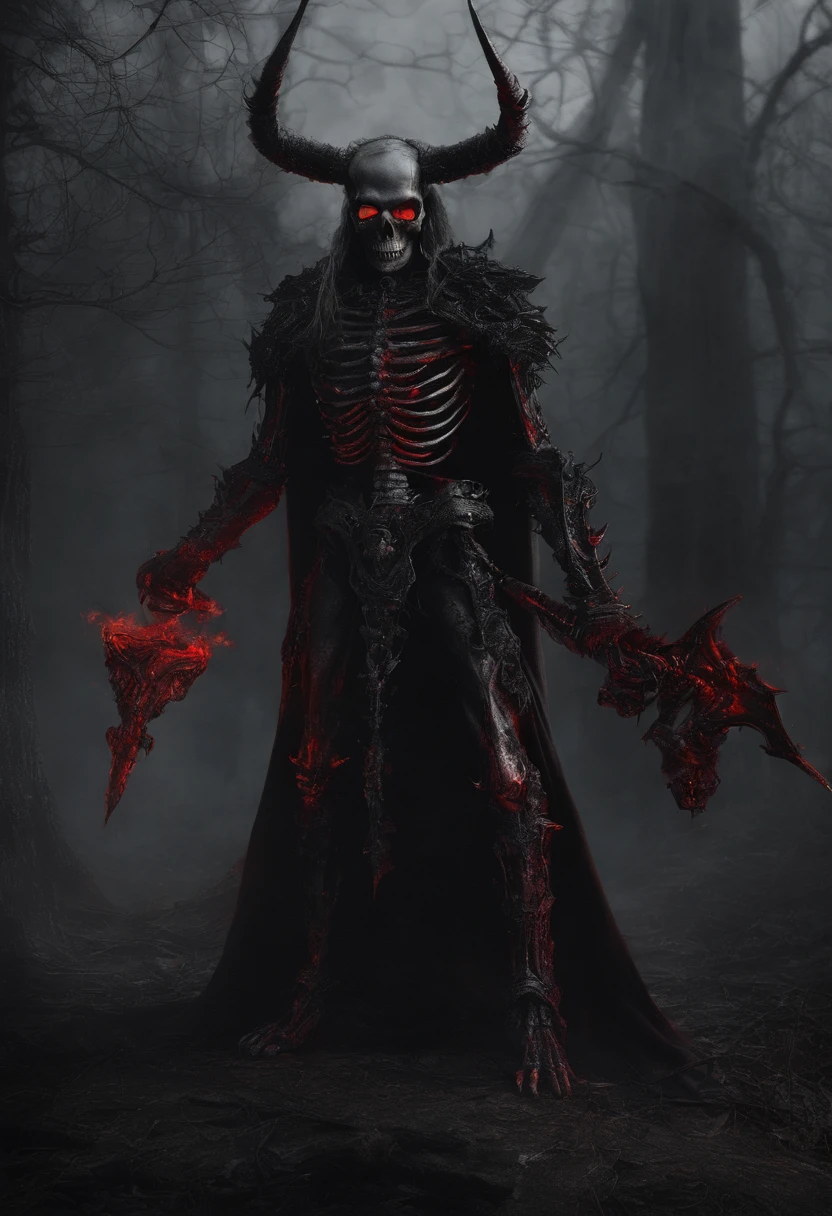 devil horns,Claws,battleaxe,Spooky environment,dentes pontiagudos,Berserker,full bodyesbian,Powerful aura,A strong sense of oppression,incredibly detailed,Red-eyed skeleton,The flames of hell are raging,Skeleton Legion,Ultra photo realsisim