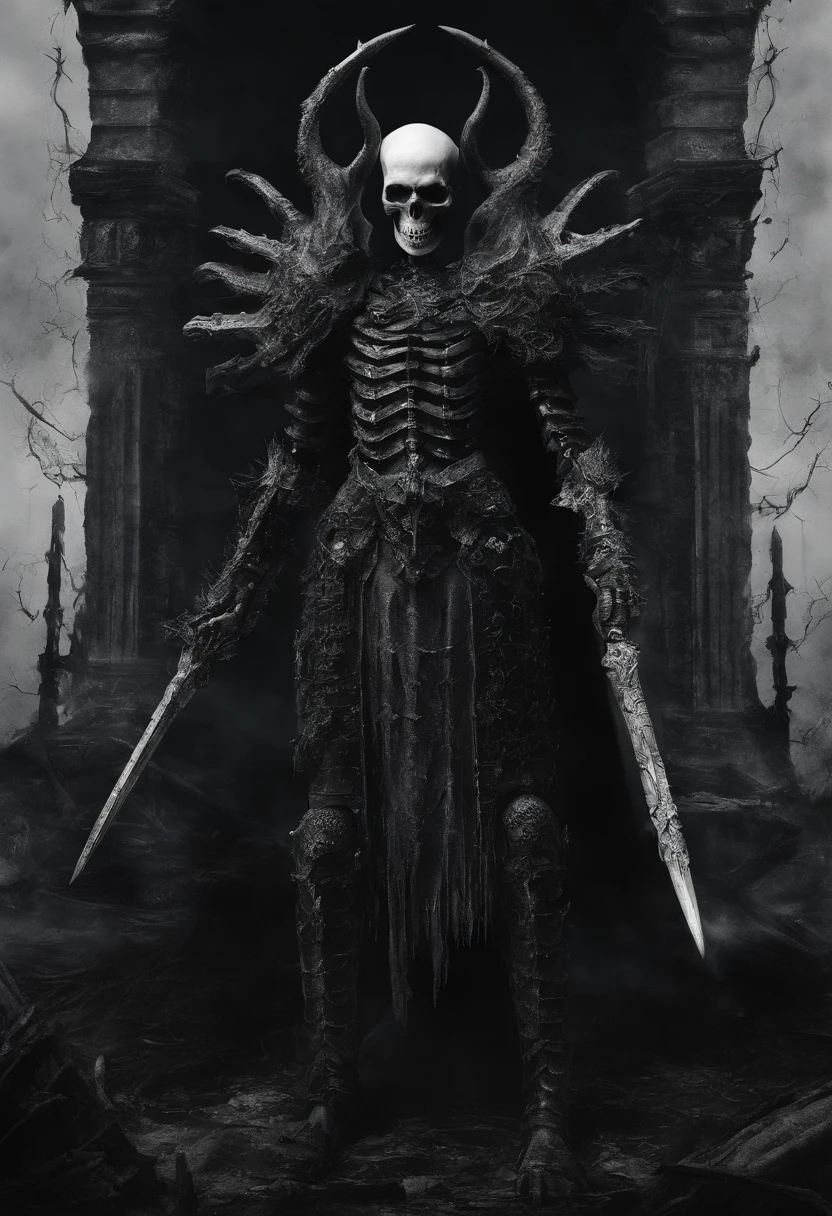 devil horns,Claws,battleaxe,Spooky environment,dentes pontiagudos,Berserker,full bodyesbian,Powerful aura,A strong sense of oppression,incredibly detailed,Red-eyed skeleton,The flames of hell are raging,Skeleton Legion,Ultra photo realsisim