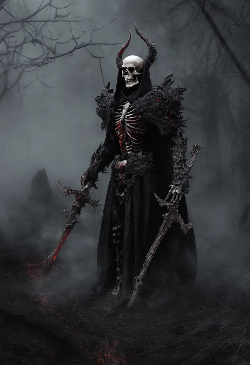 devil horns,Claws,battleaxe,Spooky environment,dentes pontiagudos,Berserker,full bodyesbian,Powerful aura,A strong sense of oppression,incredibly detailed,Red-eyed skeleton,The flames of hell are raging,Skeleton Legion,Ultra photo realsisim