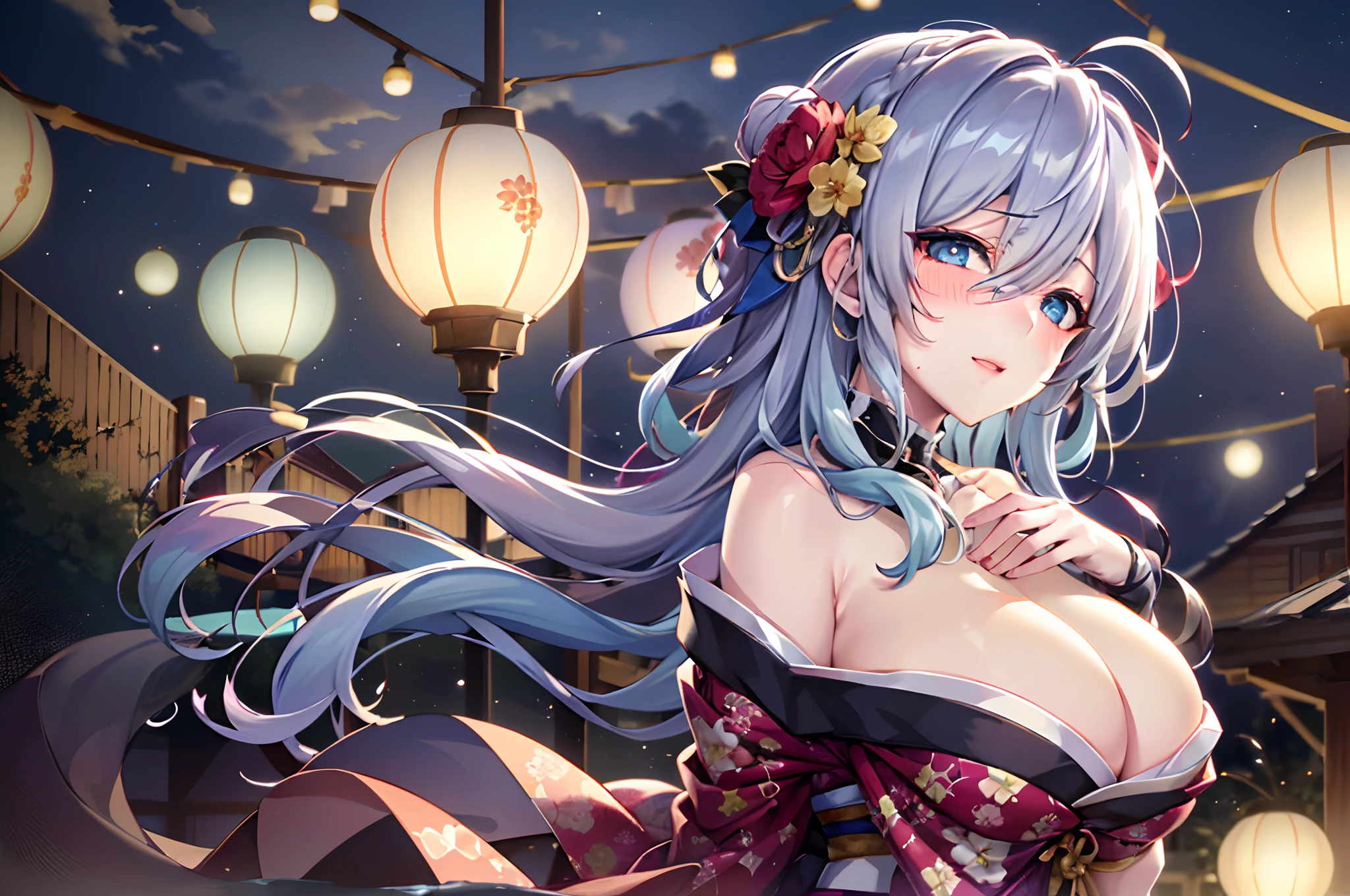 adult lady,Huge breasts, a moon, paper lanterns, natta, 独奏,, hair adornments, Kimono, Komono, playing in the water, Eau, Hair Flowers, florals, plein air, Skysky, fullmoon, Sateen, A dark-haired, off shoulders, mont, clouds, Hugged, sash, bare shoulders, paper lanterns, is standing, White kimono, nigh sky, sideboob barbosa, Obi, bangss, The tree, From Side, Reflectors, shorth hair, cloudy ash sky, wetting hair (((masterpiece),(the Extremely Detailed CG Unity 8K Wallpapers)、top-quality、电影灯光、细致背景、beatiful detailed eyes、Bright pupils、(extremely delicate and beautiful)、(Beautiful and detailed eyes description)、ultra-detailliert、masterpiece、((lightsmile、(Drunken eyes,コック痴女,red blush))),
