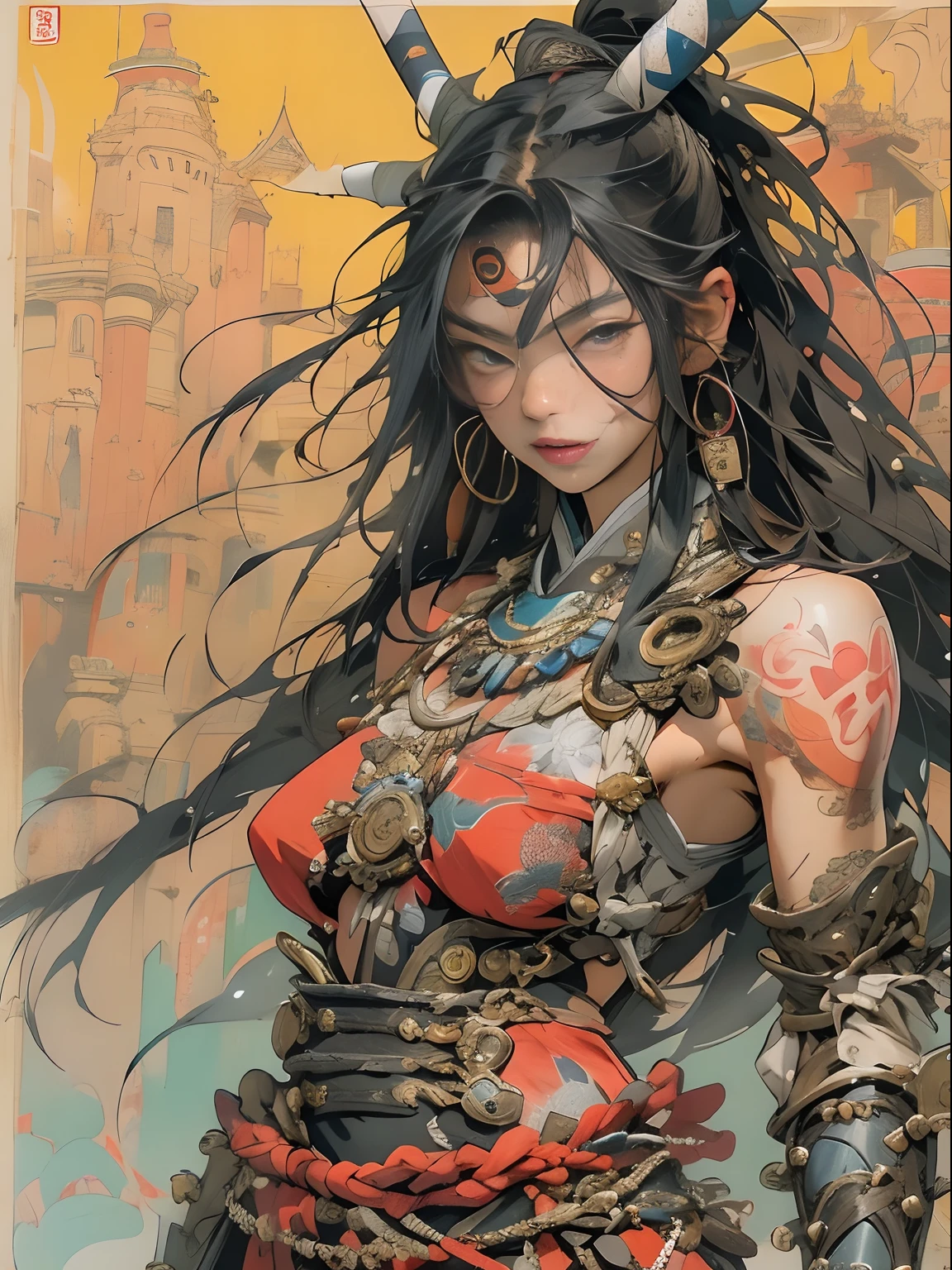 (((woman))), (((best qualityer))), (((tmasterpiece))), (((AS-Adult))), ((( Japanese ))), Look up from your knees, A beautiful asian samurai woman with perfect body, Modern samurai, ((( Asian))), Wear gloves on your hands,The left arm is made of steel and metal tips,Made of protective devices, The eyes are pulled, (( Appears below the breast )), (( Small dental floss )), Simon Bisley, Almost naked(Simon Bisley)Castle City Wilderness,For high-resolution posters, hair straight, Minimum clothing, armure (Crazy clothes ), Full of tips and rivets, tribal tattoos, (((full bodyesbian))), Straight brunette hair,Colored hair ends