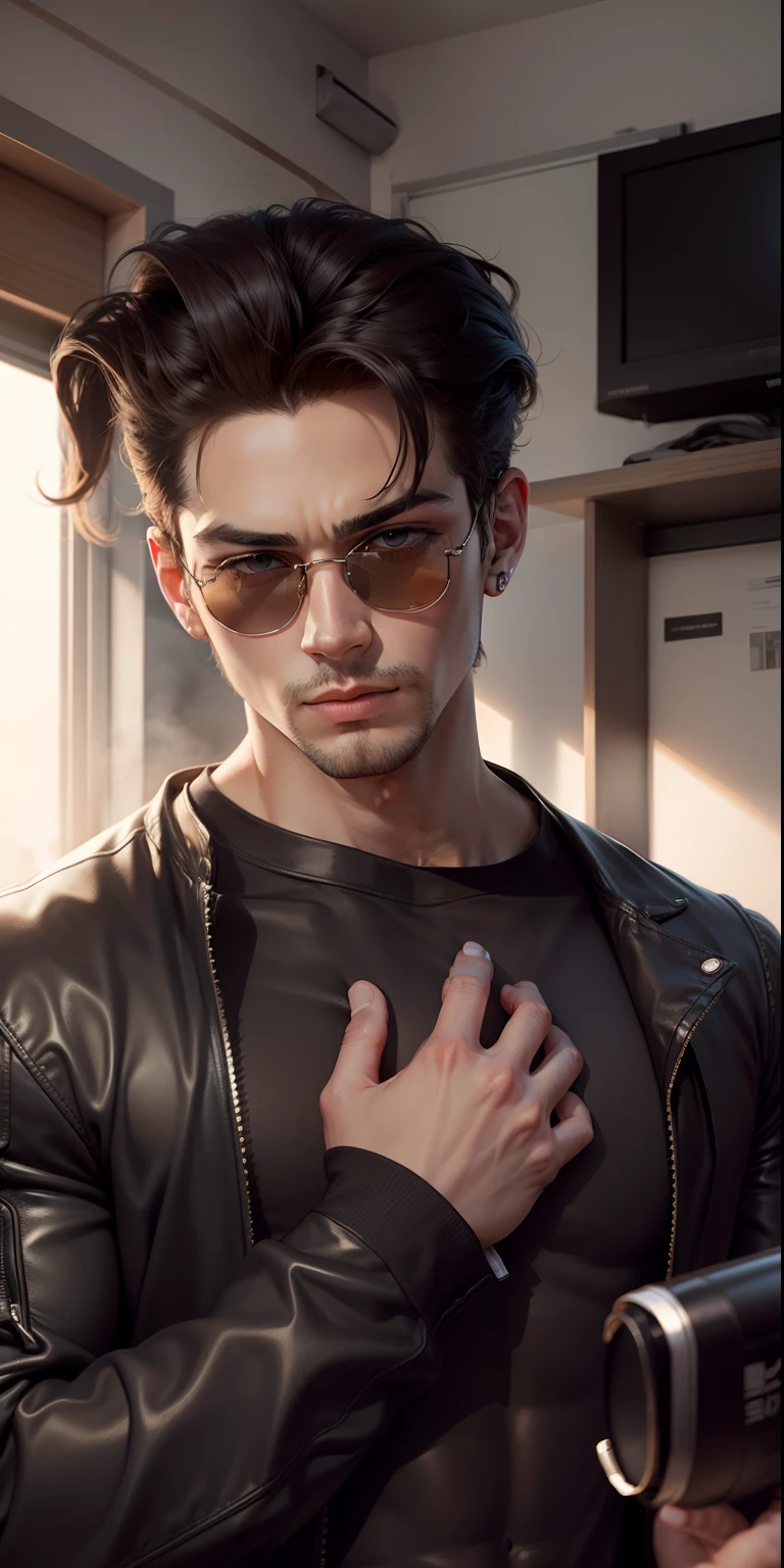 Change cloths and on eye sunglasses and long hair fit body hot boy