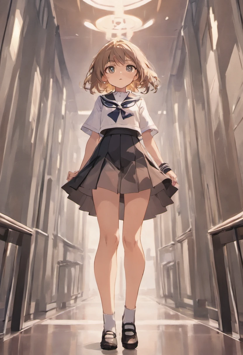 1girl, brown messy hair with white hairclip, school uniform, black skirt, medium breast, thick thighs, standing up