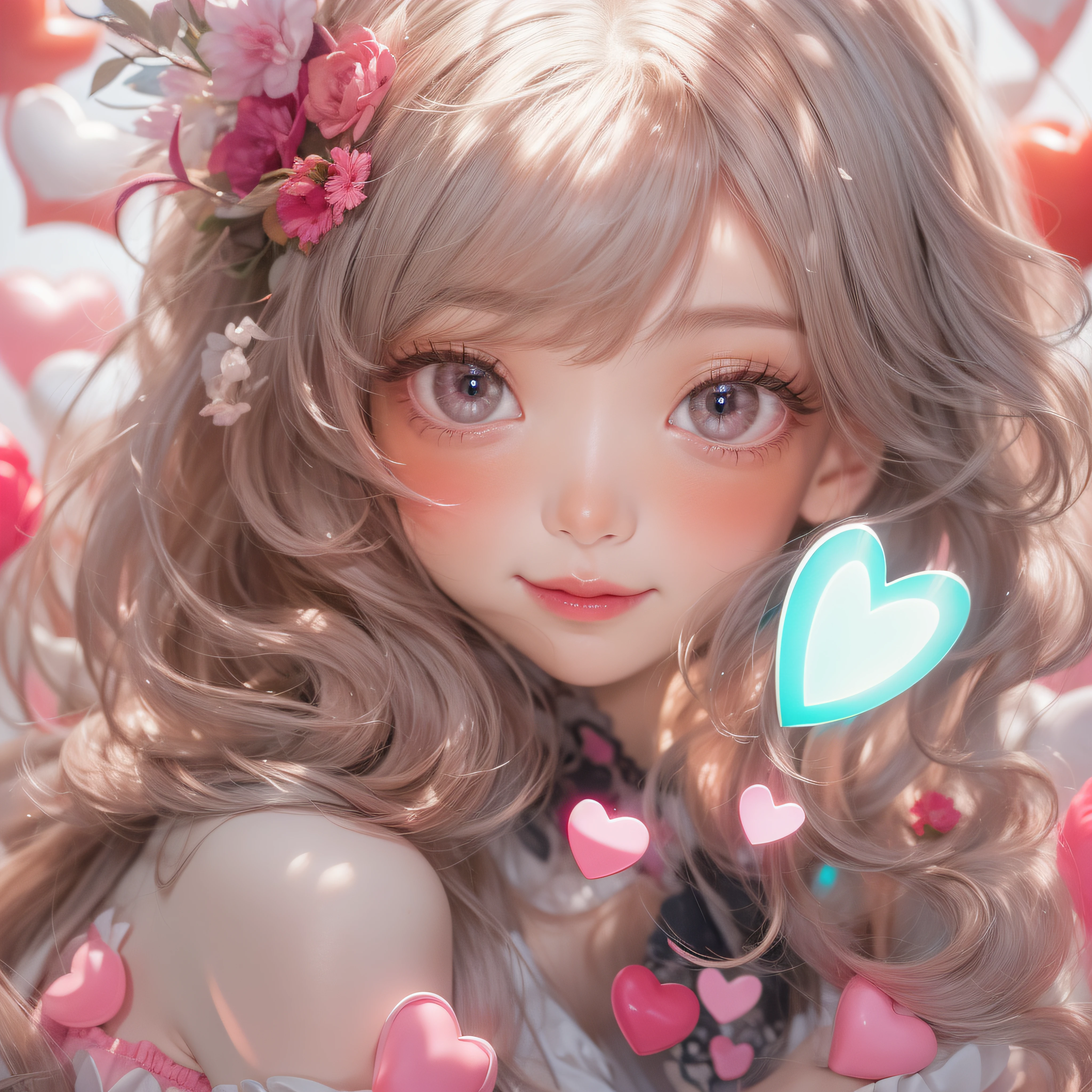 close-up of the smile face、close-up of the smile face、Designer、(realisitic、hight resolution)、(1 girl in)、Do-Up Eye、Korean Girl、(Best Quality), (masutepiece), (1girl in), Solo, a beauty girl, Perfect face, dreamlikeart、Highly detailed airbrush art((Surreal))、Volumetric lighting、(top-quality)、The ultra-detailliert、Highly detailed colorful details、(Bright lighting)、dynamic compositions、Ray traching、The mirror reflects light、Shallow depth of field、ultra-detailliert、mixing exposure、nffsw、Her eyes are pink and glow heart-shaped、The eyes are pink-heart-shaped。Pink glowing three-dimensional heart on background、Pink glowing three-dimensional heart on background、Pink glowing three-dimensional heart on background、