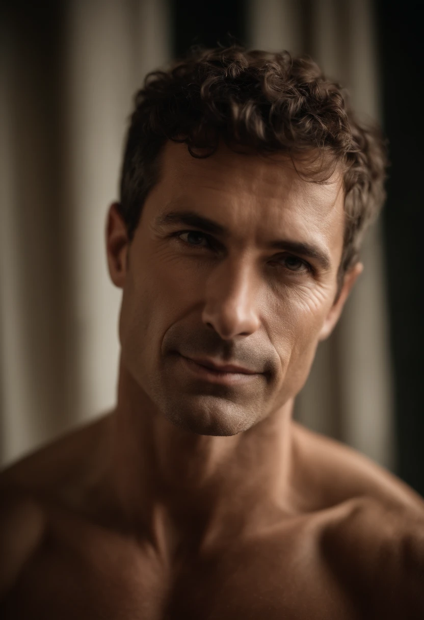 corps entier, wide-angle photo close-up portrait of the body of a handsome man, Tall and fit, (40 years old:1.1), (shaven:1.2), (short brown hair and a little curly:1.5),(very short hair:1.6)