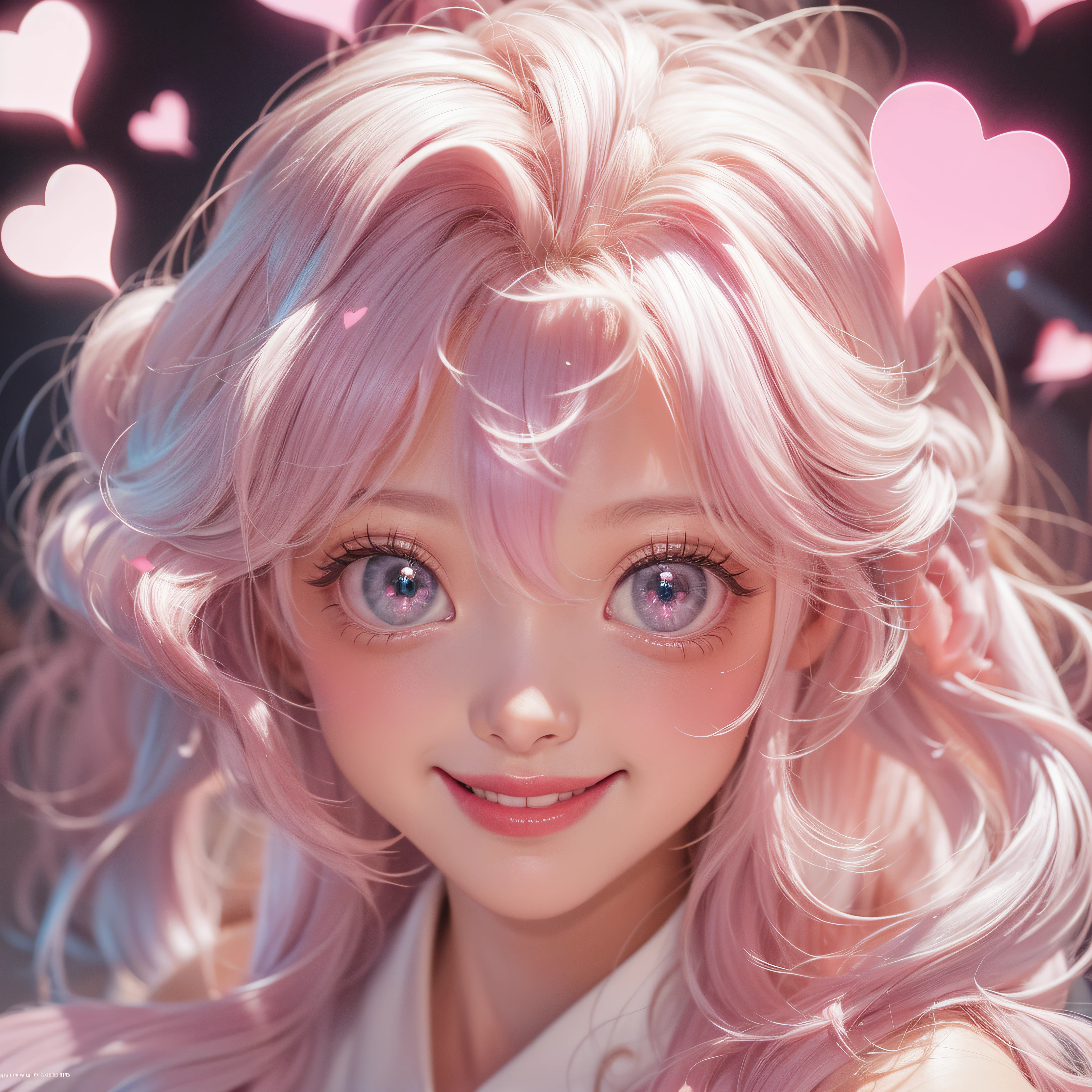 close-up of the smile face、close-up of the smile face、Designer、(realisitic、hight resolution)、(1 girl in)、Do-Up Eye、Korean Girl、(Best Quality), (masutepiece), (1girl in), Solo, a beauty girl, Perfect face, dreamlikeart、Highly detailed airbrush art((Surreal))、Volumetric lighting、(top-quality)、The ultra-detailliert、Highly detailed colorful details、(Bright lighting)、dynamic compositions、Ray traching、The mirror reflects light、Shallow depth of field、ultra-detailliert、mixing exposure、nffsw、Her eyes are pink and glow heart-shaped、The eyes are pink-heart-shaped。Pink glowing three-dimensional heart on background、Pink glowing three-dimensional heart on background、Pink glowing three-dimensional heart on background、