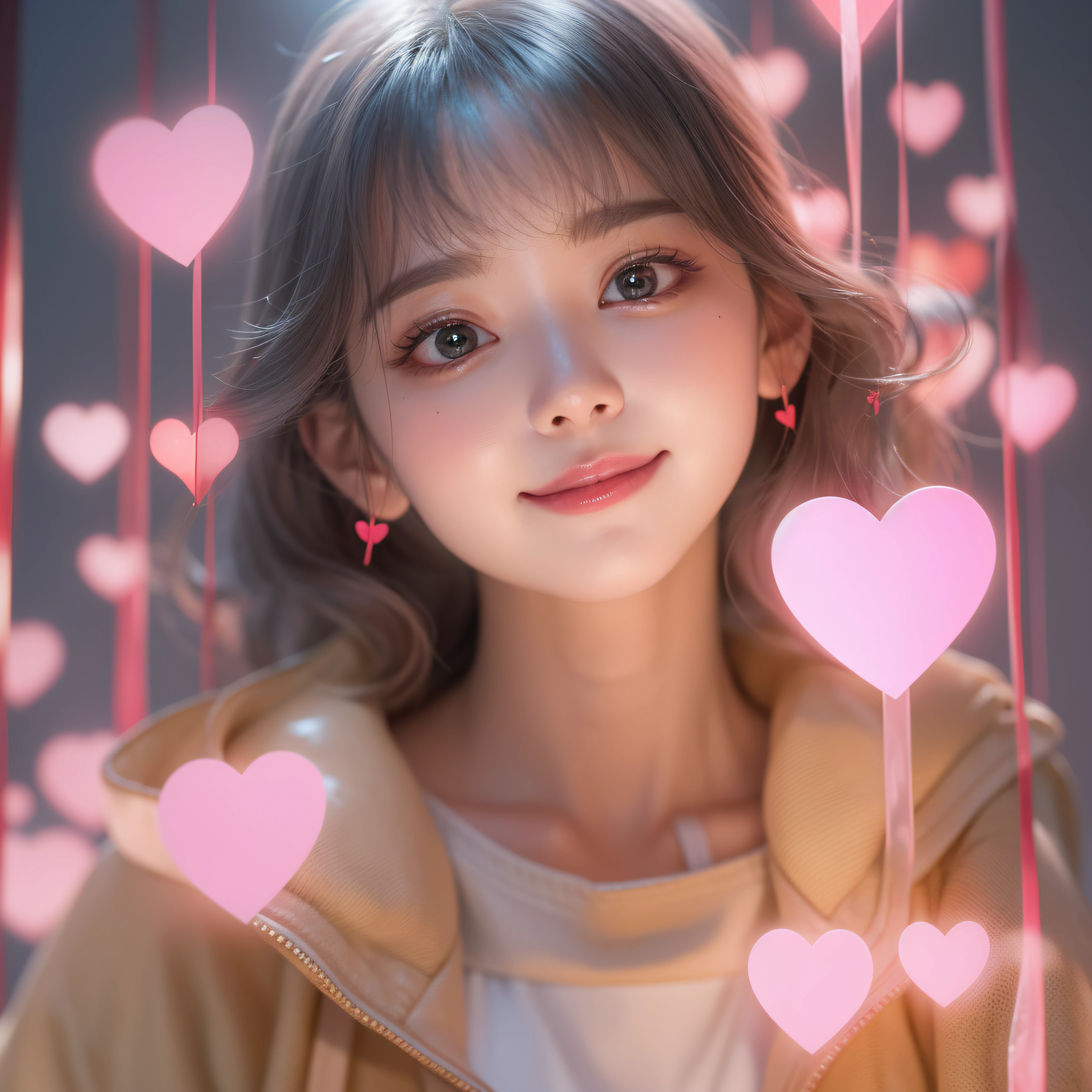 close-up of the smile face、close-up of the smile face、Designer、(realisitic、hight resolution)、(1 girl in)、Do-Up Eye、Korean Girl、(Best Quality), (masutepiece), (1girl in), Solo, a beauty girl, Perfect face, dreamlikeart、Highly detailed airbrush art((Surreal))、Volumetric lighting、(top-quality)、The ultra-detailliert、Highly detailed colorful details、(Bright lighting)、dynamic compositions、Ray traching、The mirror reflects light、Shallow depth of field、ultra-detailliert、mixing exposure、nffsw、Her eyes are pink and glow heart-shaped、The eyes are pink-heart-shaped。Pink glowing three-dimensional heart on background、Pink glowing three-dimensional heart on background、Pink glowing three-dimensional heart on background、