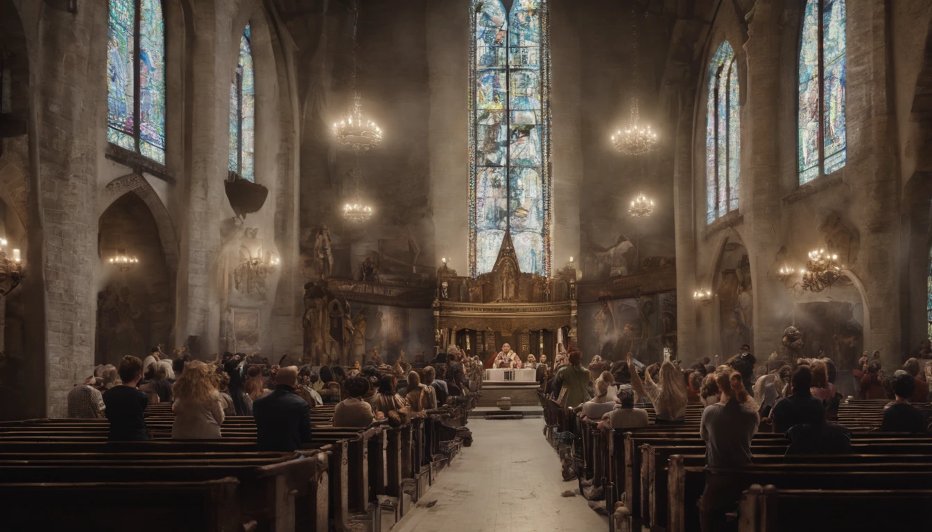 Cinematic film still people raising their hands in worship during a service. . profundidade de campo rasa, vinheta, altamente detalhado, high-budget Hollywood film, Bokeh, Cinemascope, Moody, epics, gorgeous, filmic grain, granulado