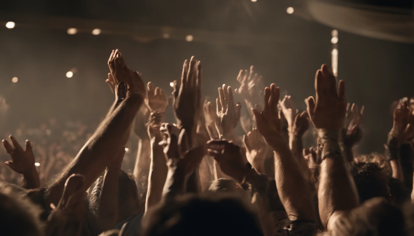 Cinematic film still people raising their hands in worship during a service. . profundidade de campo rasa, vinheta, altamente detalhado, high-budget Hollywood film, Bokeh, Cinemascope, Moody, epics, gorgeous, filmic grain, granulado