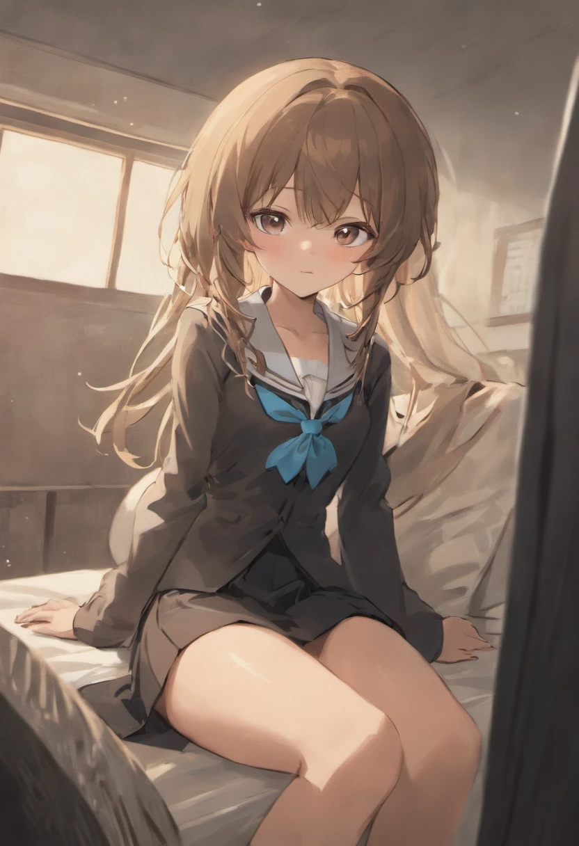 1girl, brown messy hair with white hairclip, school uniform with black tie, black skirt, medium breast size, thick thighs, sitting on bed