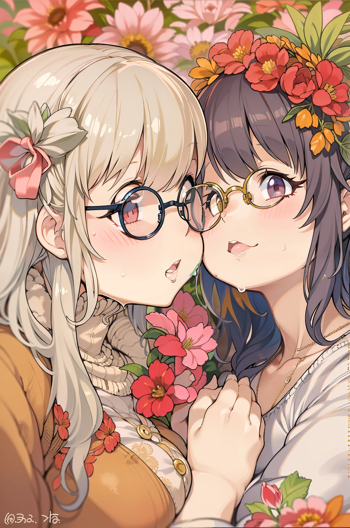 Two-dimensional girl enjoying flowers、huge-breasted、big round glasses、bbw,Large Thigh、Two girls、embracing each other、Deep kissing、the kiss、lesbian、red blush