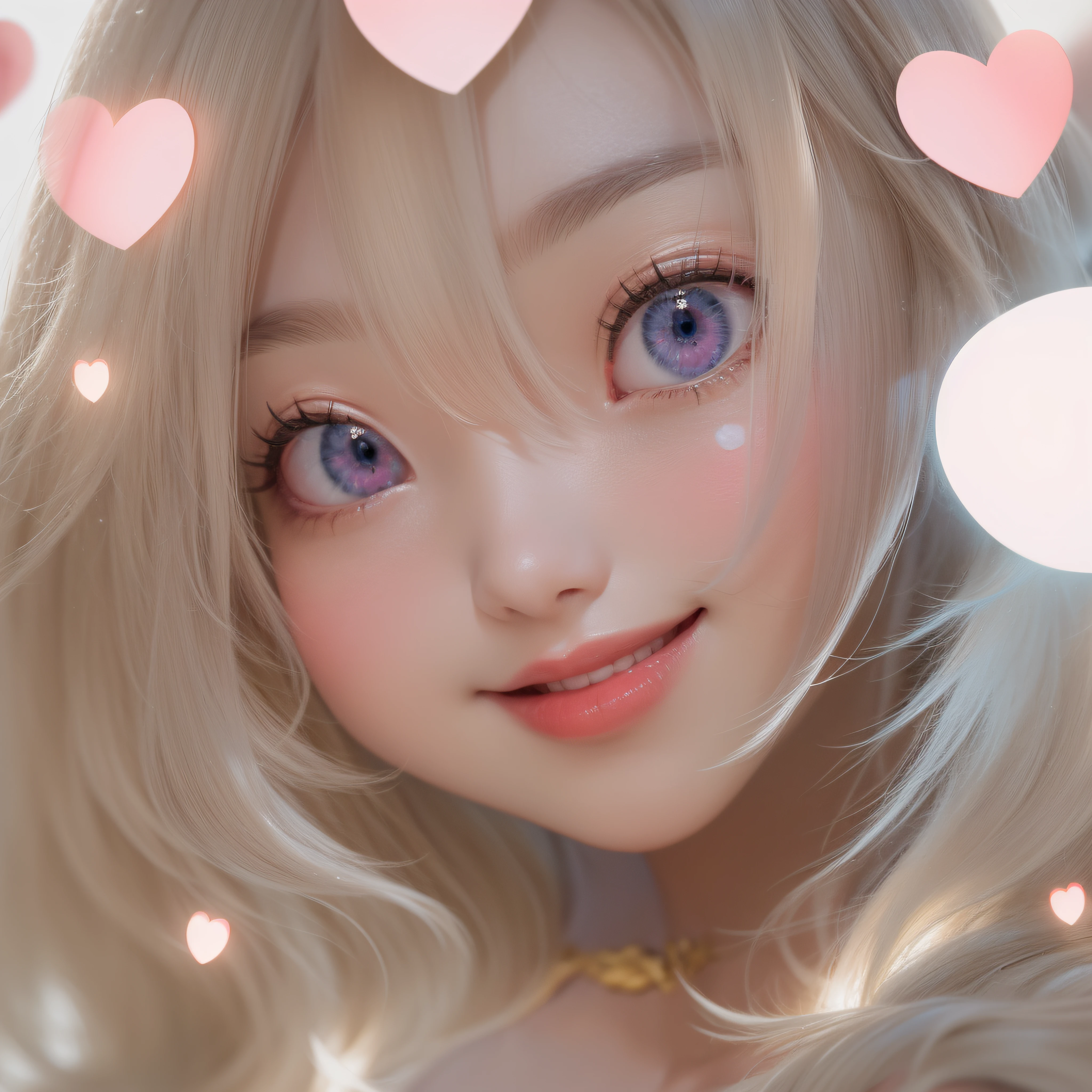 close-up of the smile face、close-up of the smile face、Designer、(realisitic、hight resolution)、(1 girl in)、Do-Up Eye、Korean Girl、(Best Quality), (masutepiece), (1girl in), Solo, a beauty girl, Perfect face, dreamlikeart、Highly detailed airbrush art((Surreal))、Volumetric lighting、(top-quality)、The ultra-detailliert、Highly detailed colorful details、(Bright lighting)、dynamic compositions、Ray traching、The mirror reflects light、Shallow depth of field、ultra-detailliert、mixing exposure、nffsw、Her eyes are pink and glow heart-shaped、The eyes are pink-heart-shaped。Pink glowing three-dimensional heart on background、Pink glowing three-dimensional heart on background、Pink glowing three-dimensional heart on background、