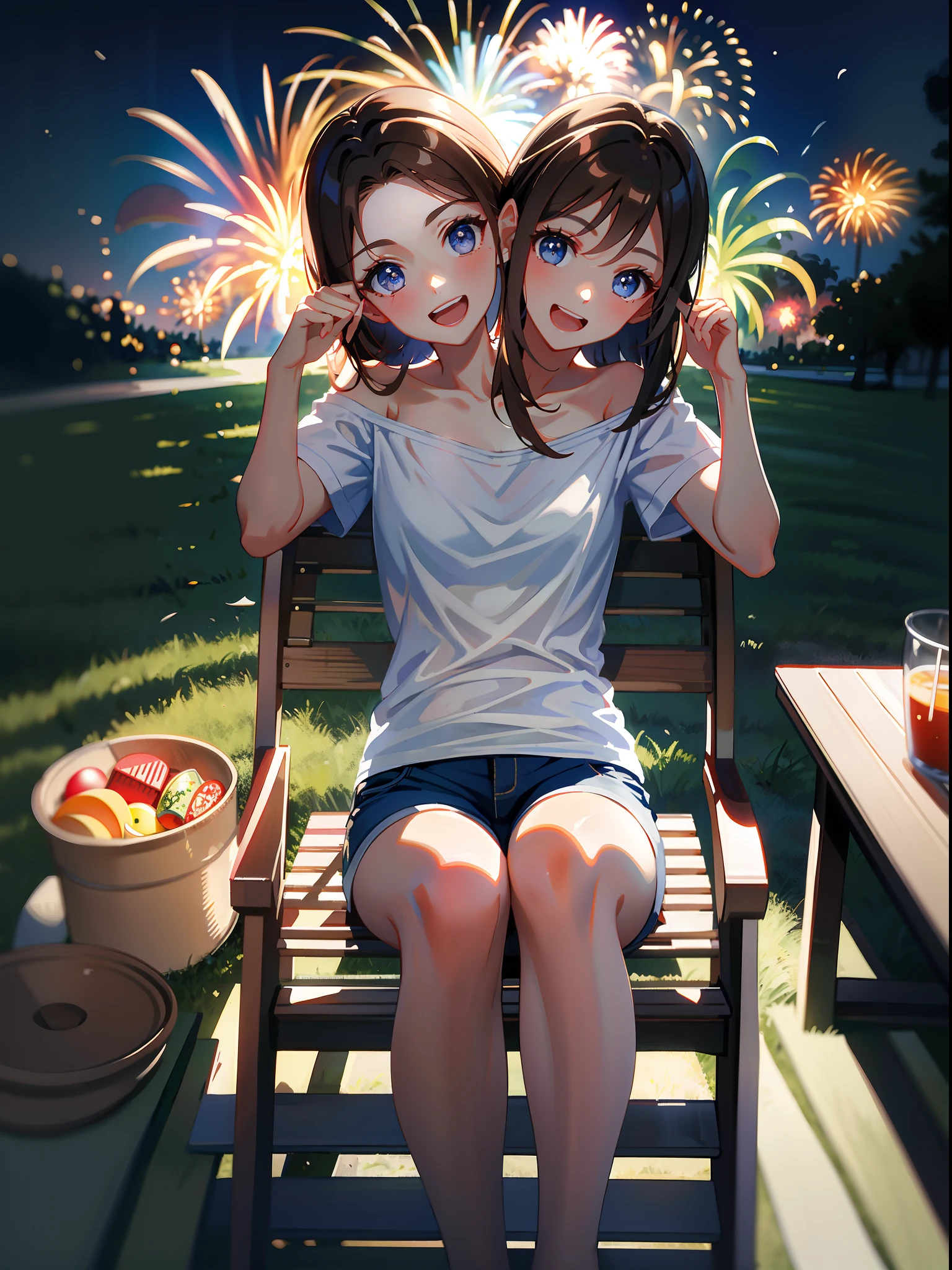 (masterpiece, best quality), best resolution, (2heads:1.5), 1girl, brown hair, blue eyes, awestruck, happy, open mouth, white t-shirt, tan short pants, sitting in a lawn chair, watching fireworks in the night sky, dark environment, fireworks, fireworks in the sky, open field, outside, park, people sitting in lawn chairs