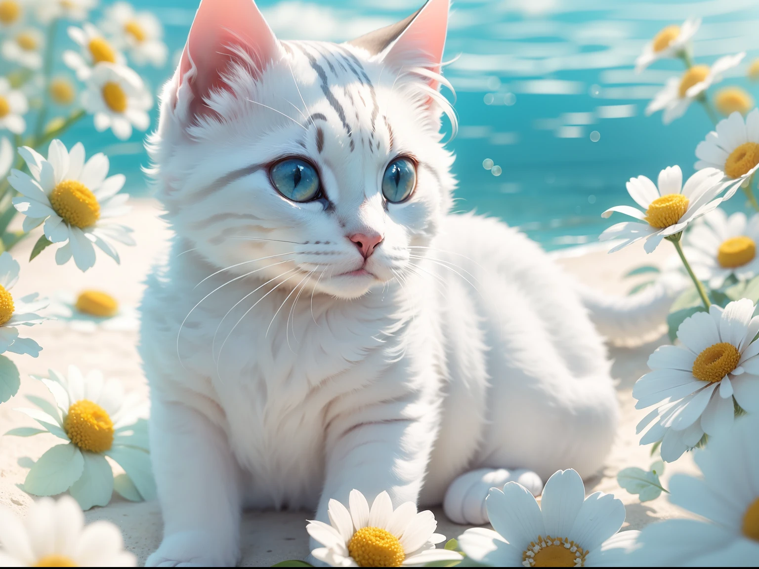 Little white cat with big eyes,At the edge of the pool sugar, There are small flowers next to it, steins, Blue sky. and the sun was shining brightly, the detail, 4K, k hd, high high quality.