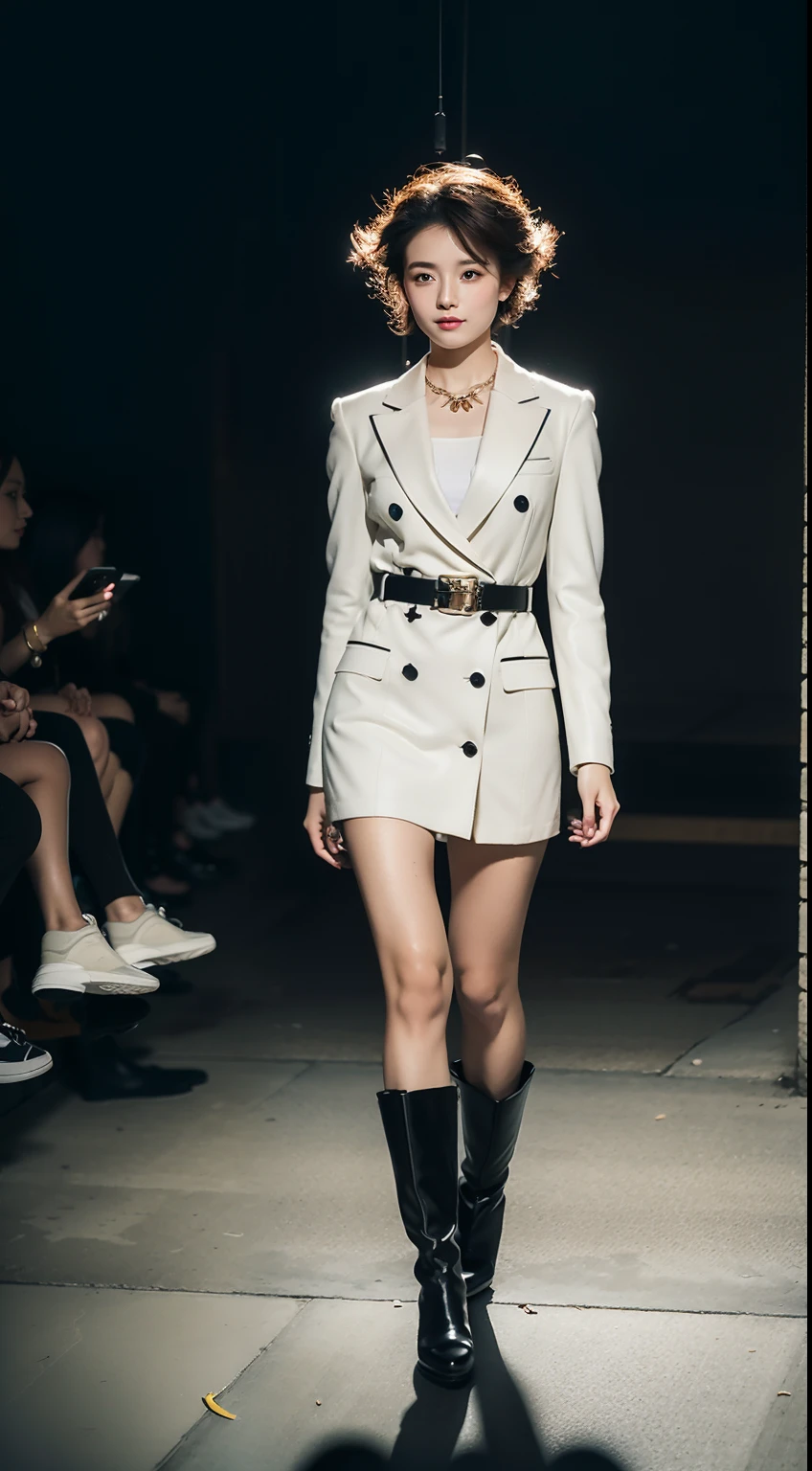 （8K分辨率，Full-body photos），（1womanl，age 22，（（rosto magro，Flushed face，delicated face，详细的脸），Slightly squinted eyes，Seductive smile，（Single ponytail，Long hair micro-curls）），Fair smooth skin，（Best Skin Type：1.21），busty figure，（（Bespoke slim suit，White shirt，No underwear，denim pant，leather boots（High-grade materials，knitting，real silk，leathers），Bright fine leather belt，Metal necklace，jewely），Tall and tall，（Walking posture，Naturally placed hands），delicate artwork，perfect hand，Ultra-fine clothing material，Premium texture），（Urban street background，Shuttling crowds，Exquisite setup details），（Professional lighting，Artistic lighting），（（Dress neutrally，Material contrast，Contrast in fit，Color contrast，Uniform tones，））），（Golden section，Cinema lenses，Hasselblad photograp，tmasterpiece：1.3），（advanced art，High-end street wear，Official propaganda，Art platform）