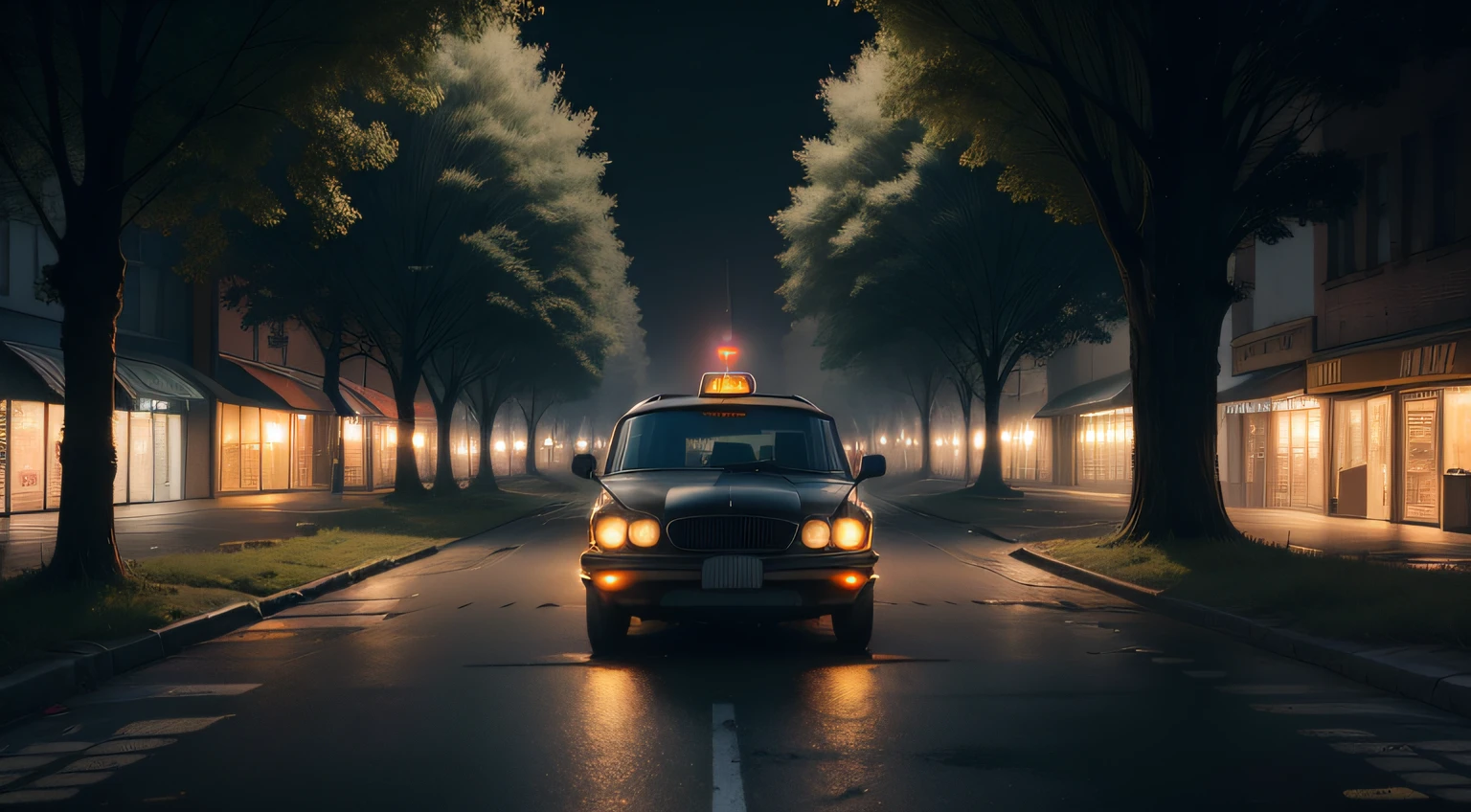 (best quality,4k,8k,highres,masterpiece:1.2),ultra-detailed,(realistic,photorealistic,photo-realistic:1.37),dark atmosphere,night scenery,lonely,desolate,ominous mood,mysterious,glowing headlights,tree branches,shadows,reflection on wet ground,spooky,urban landscape,broken streetlights,surreal,moonlit sky,vintage feel,gritty texture,city lights,foggy,empty city,abandoned buildings,dusty road,quiet,black taxi,old-fashioned,retro,classic,street sign,twisted branches,uneven asphalt,crumbling walls,slightly blurred background.