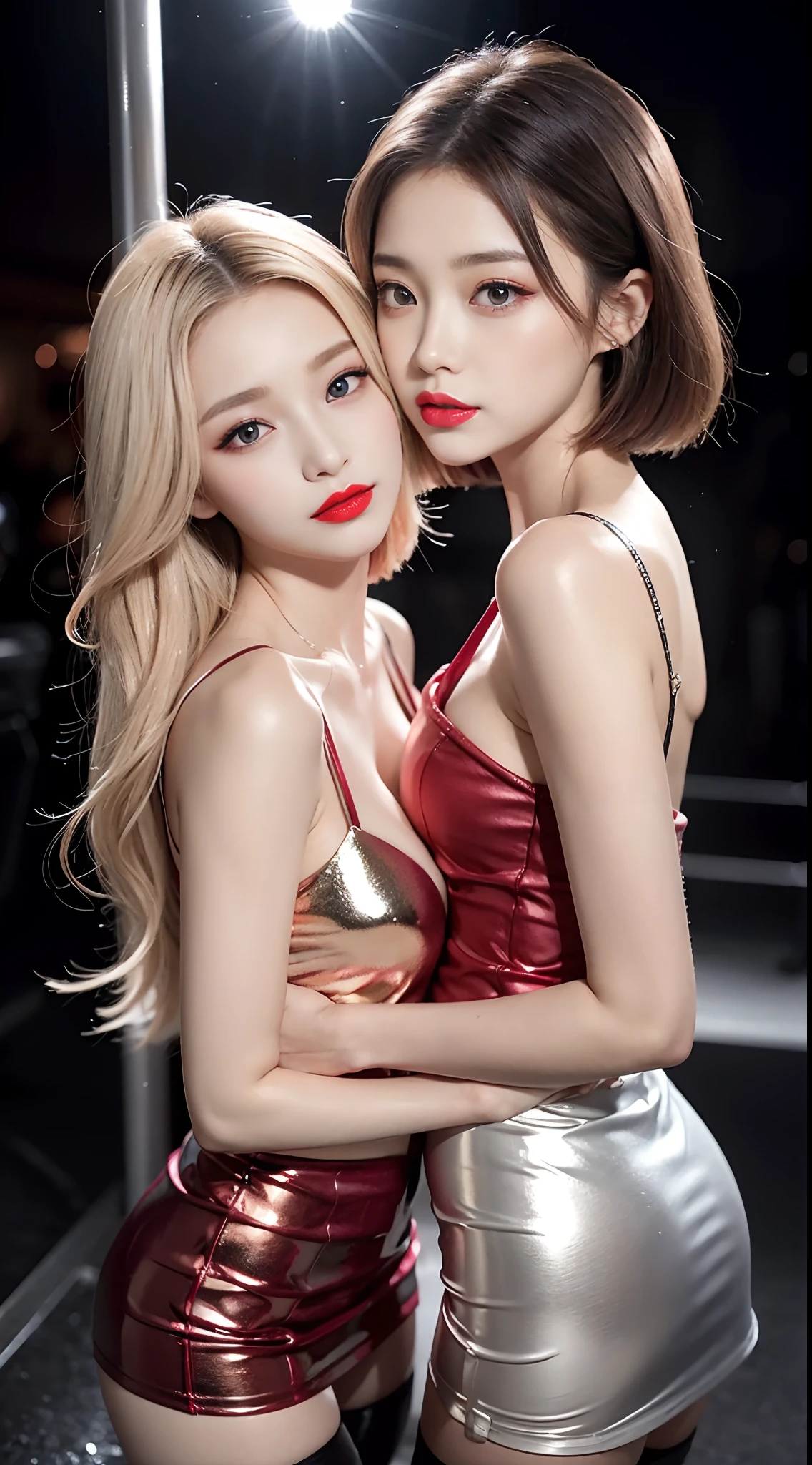 2girls、sprawl、Licking each other、the kiss、embracing each other、Hot kiss、Top image quality、Raw photography、超A high resolution、16-year-old woman、big round chest、Thin and tight metallic gloss tube top、Thin and tight metallic red skirt、Metallic Gloss Knee High Socks、Leather boots、Beautiful Eyes of Details、very elongated eyes、Beautiful eyelashes、Beautiful double eyelids、Bright blonde shorthair、very slender physique、Glossy dark red lipstick、eyeshadows、eye line、Sad face、red blush、The whole body is soaking wet、Turn your butt towards us、Sateen、Share a kiss、
